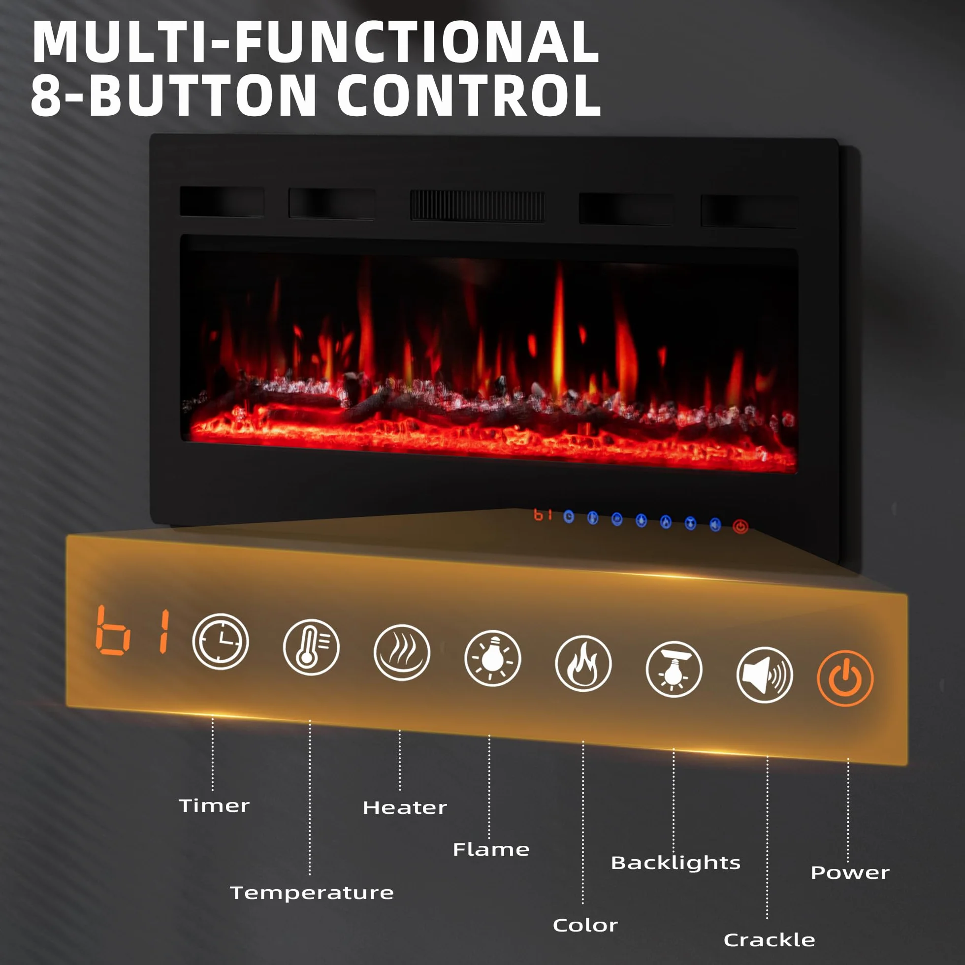Camino Elettrico 92cm 900W/1800W Fiamma 12 Colori Scintillio Termostato Preciso 15-30°C Touchscreen Telecomando