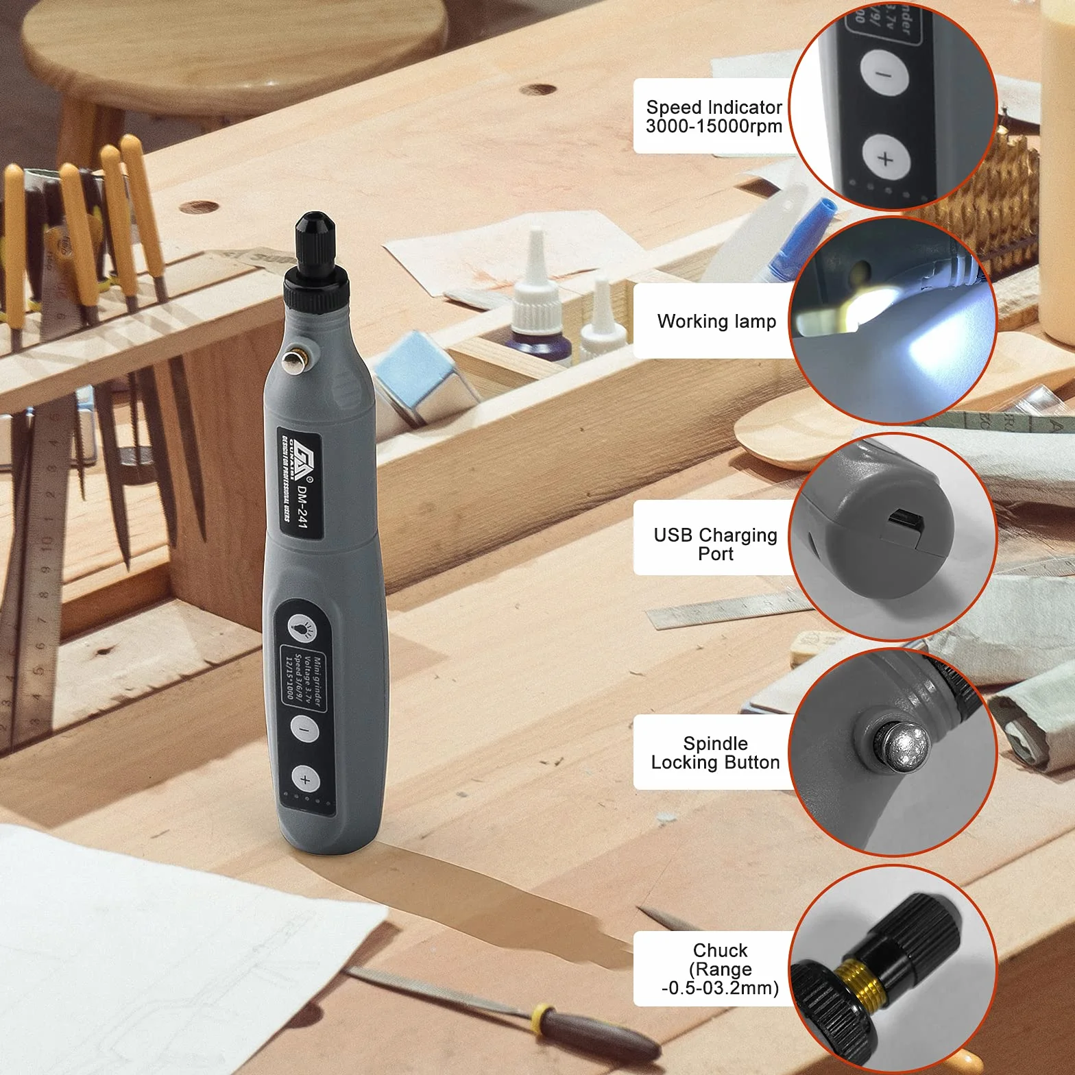 KKMOL Mini trapano elettrico rotativo senza fili USB multifunzione velocità variabile, set smerigliatrice lucidatura intaglio taglio pulizia affilatura, Grigio