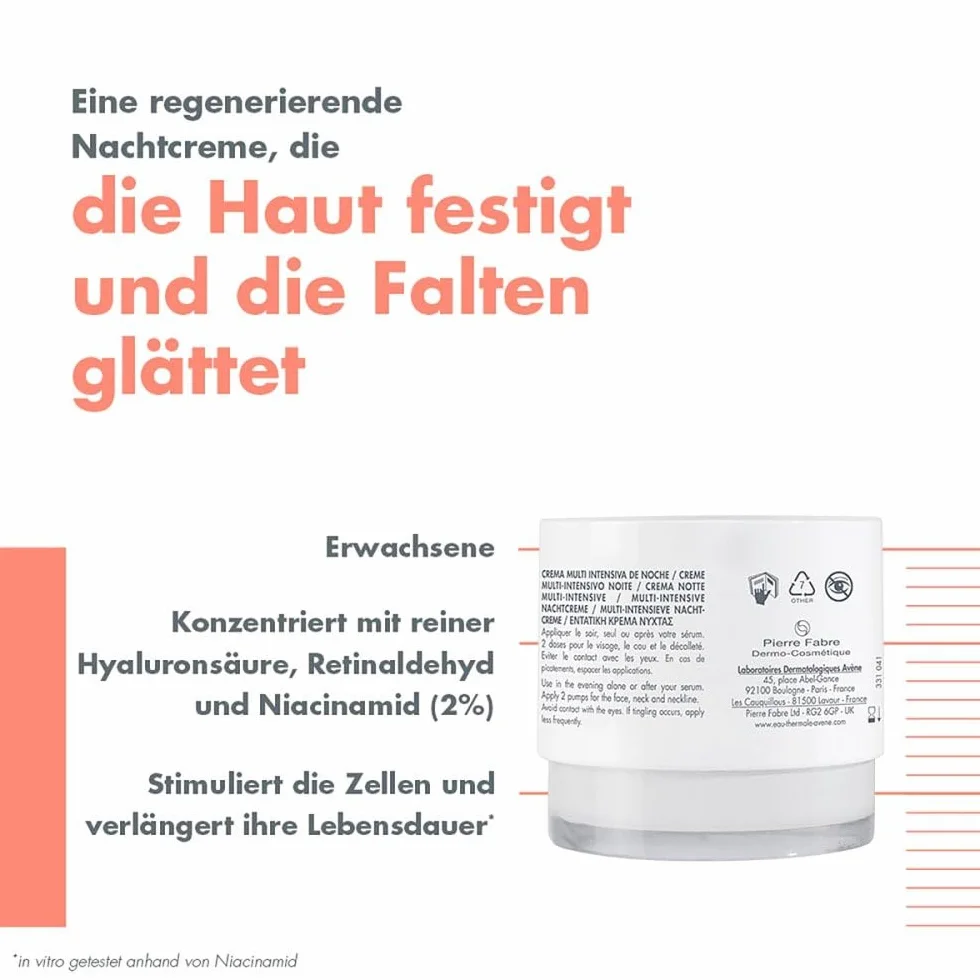 Avène Hyaluron Activ B3 Multi-intensive Nachtcreme - Anti-Aging Pflege gegen Falten mit Niacinamid, 40 ml Crema