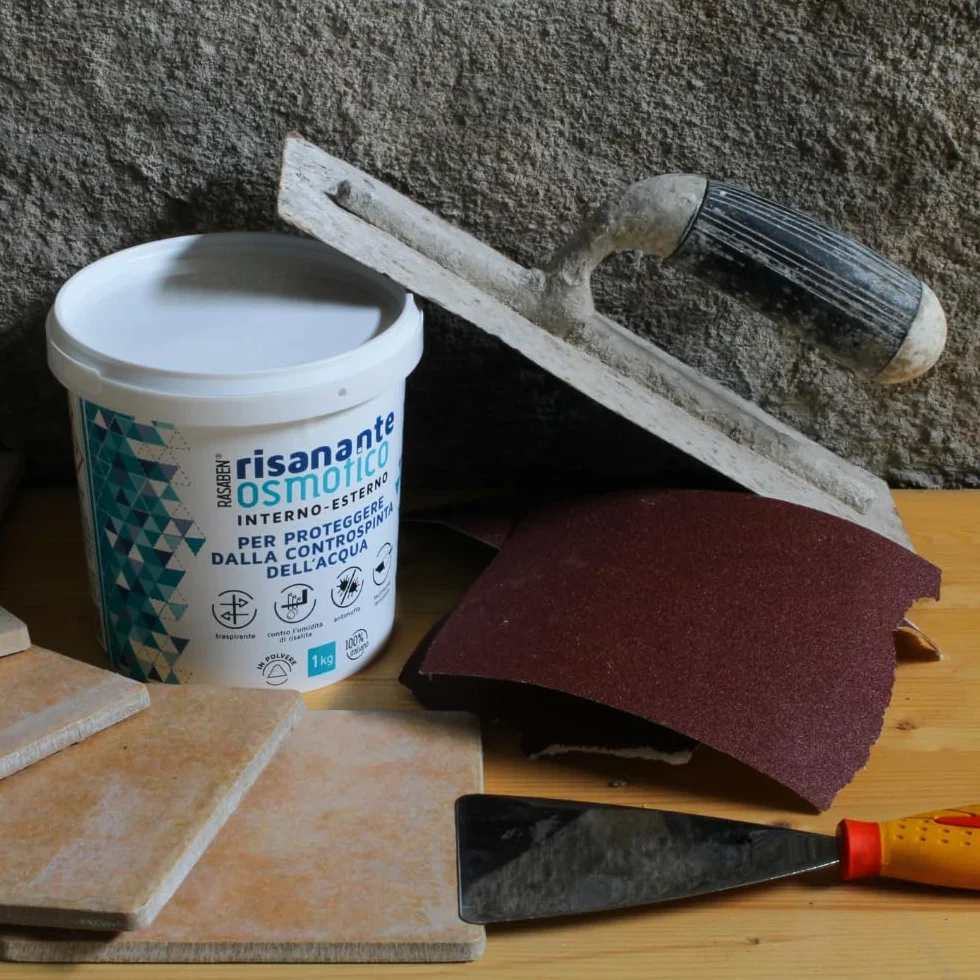 RASABEN Risanante Osmotico Stucco in Polvere per Risanamento Murature Umide Impermeabilizzare Pareti Pavimenti Antimuffa Traspirante 1kg Made in Italy