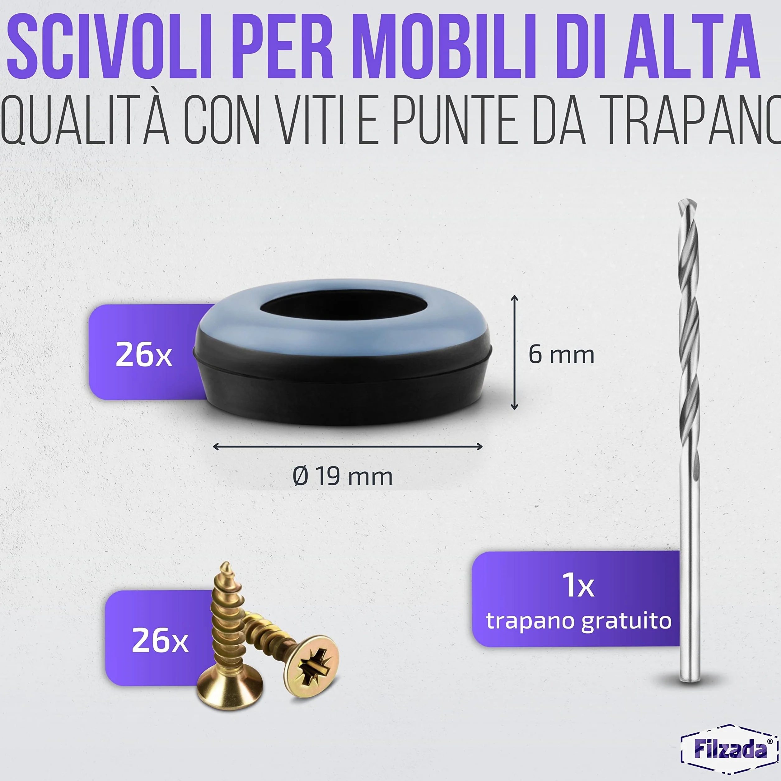 Piedini per Mobili in Teflon Ø 19 mm - Pattini in PTFE con Viti