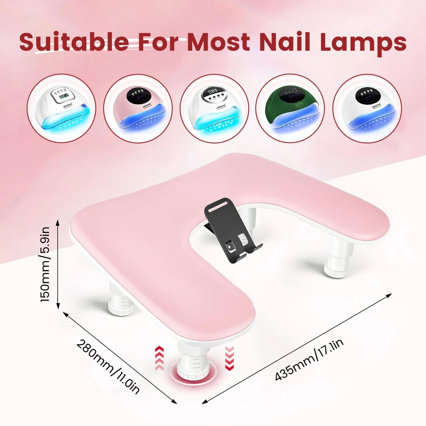 JODSONE Bracciolo rosa a forma di U per chiodo tecnico, con supporto per cellulare girevole a 360° integrato e bracciolo regolabile per manicure in salone