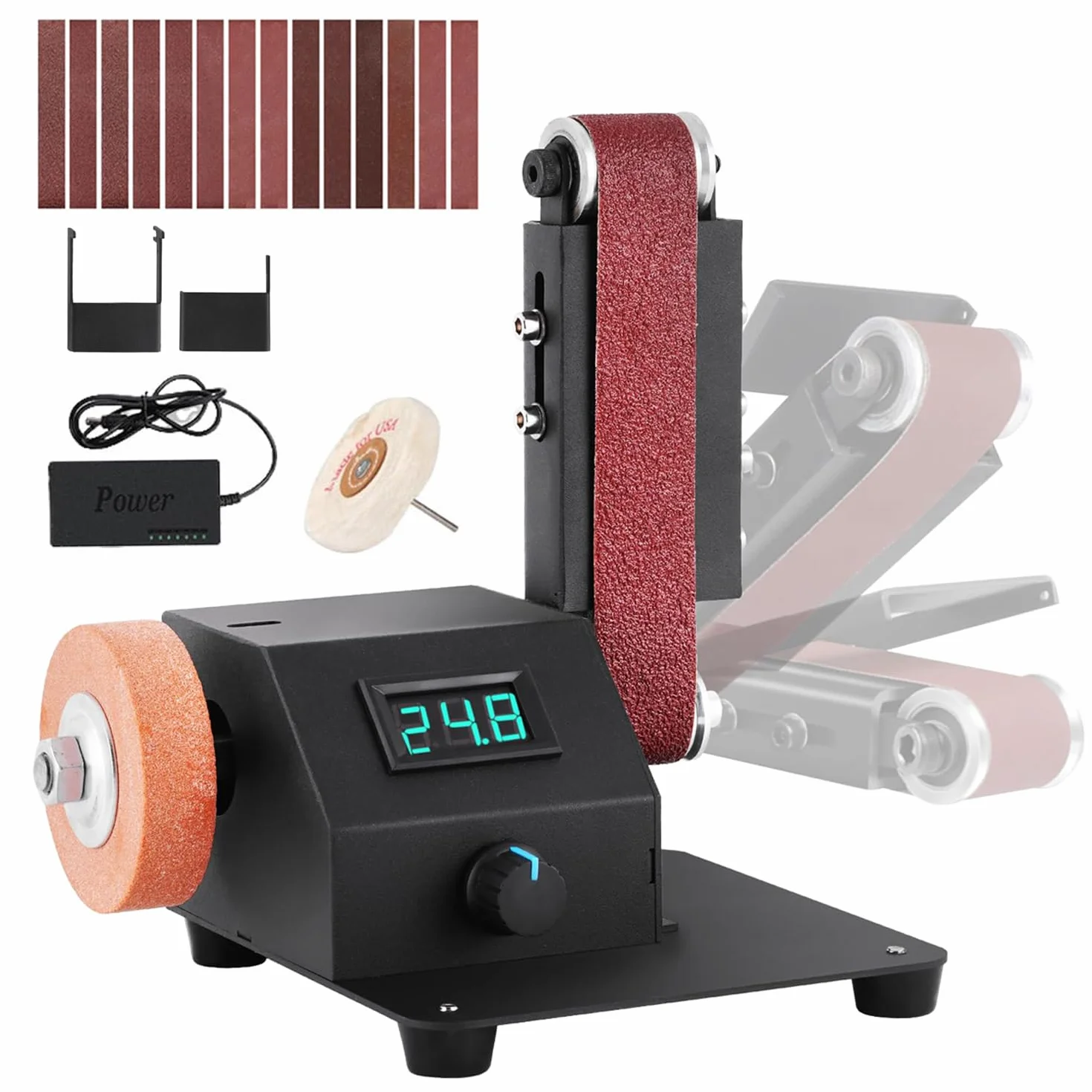 Levigatrice a Nastro Mini 350W 1.2x15 Pollici con 10 Nastri Abrasivi per Metallo Legno Alluminio