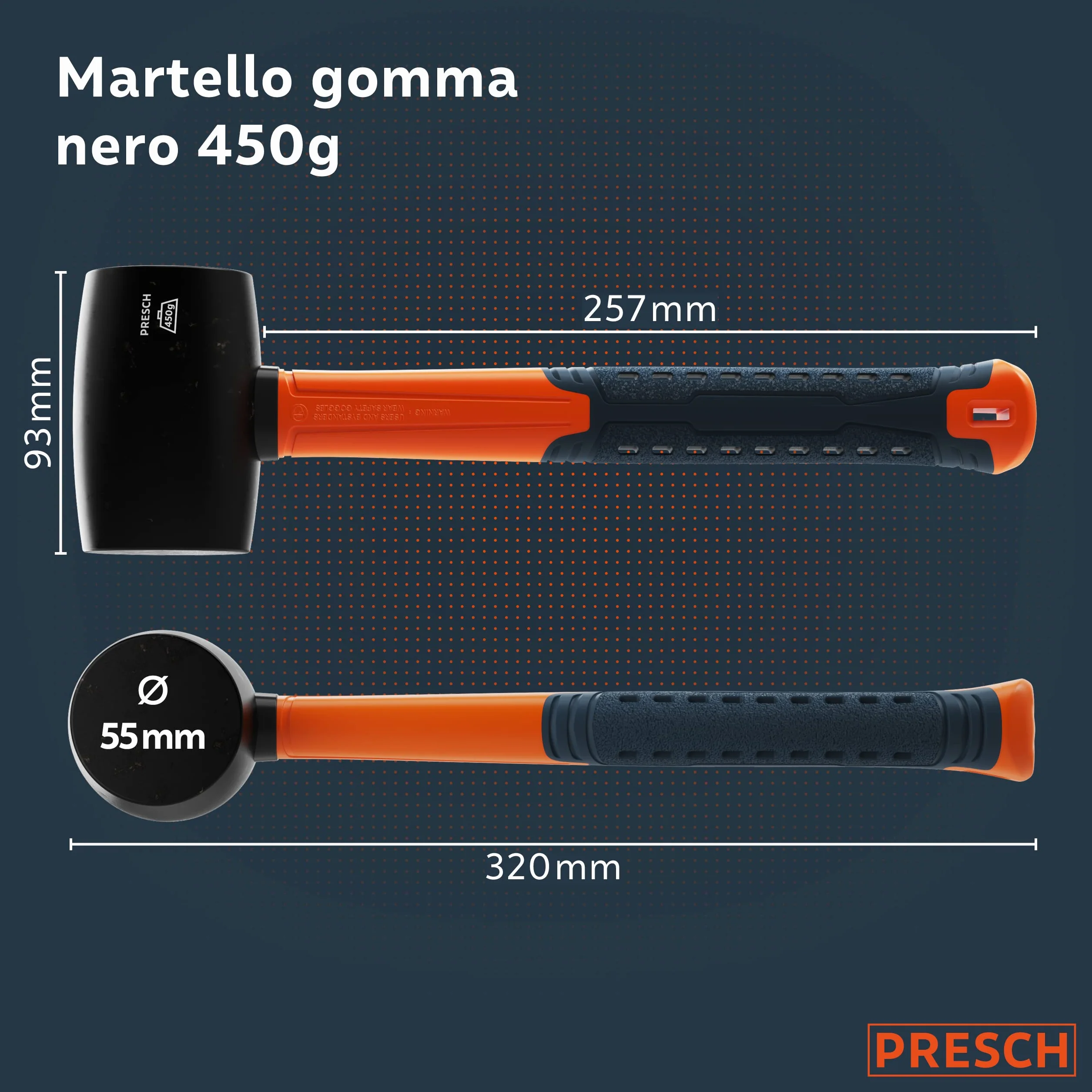Presch Martello di gomma 450 g Mazza con manico in fibra di vetro ⌀ 55 mm Testa in materiale naturale per esterni