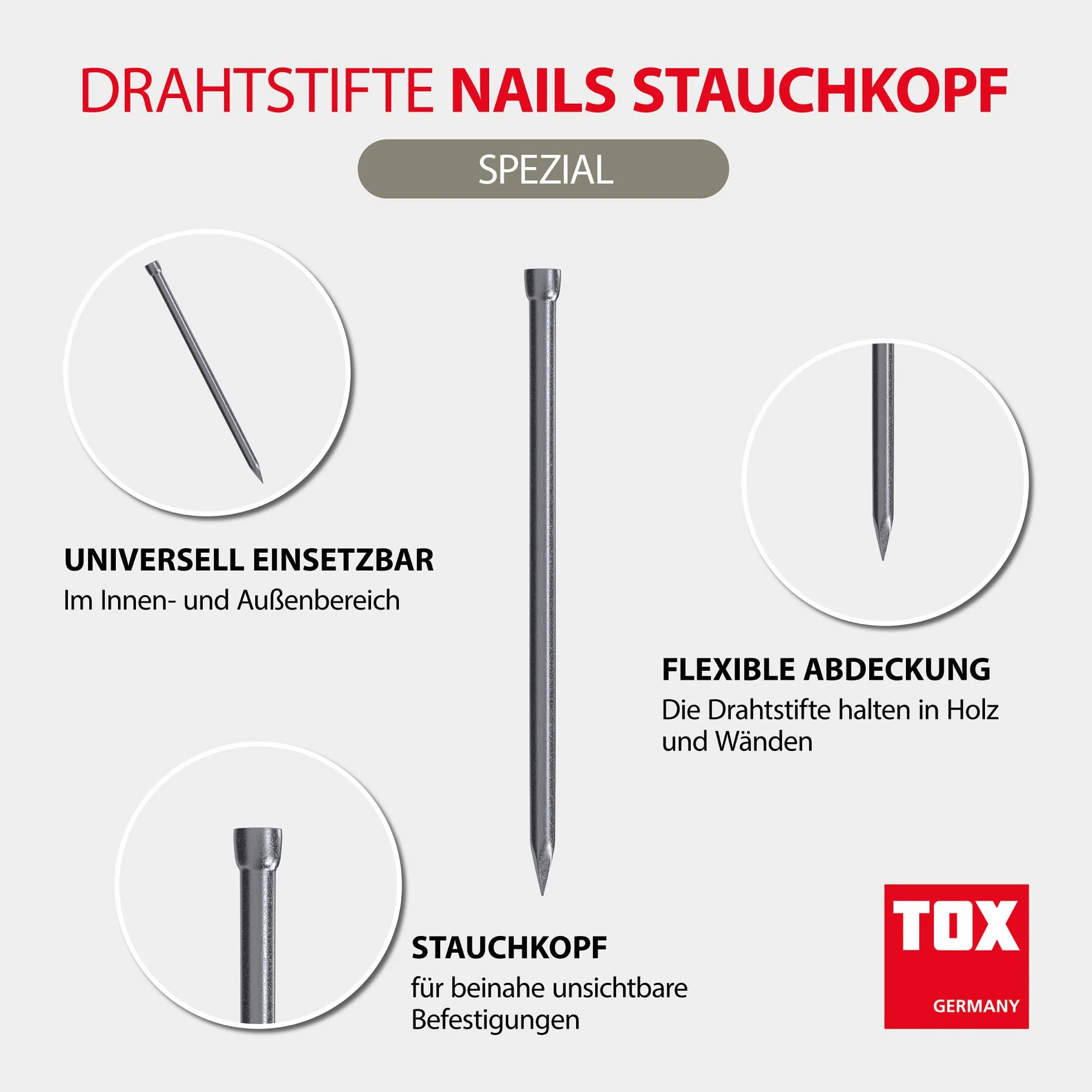 Chiodi TOX 4 misure testa appiattita set fissaggi legno 1,2x20 1,4x25 1,6x30 1,8x35 mm acciaio lucido 400 g