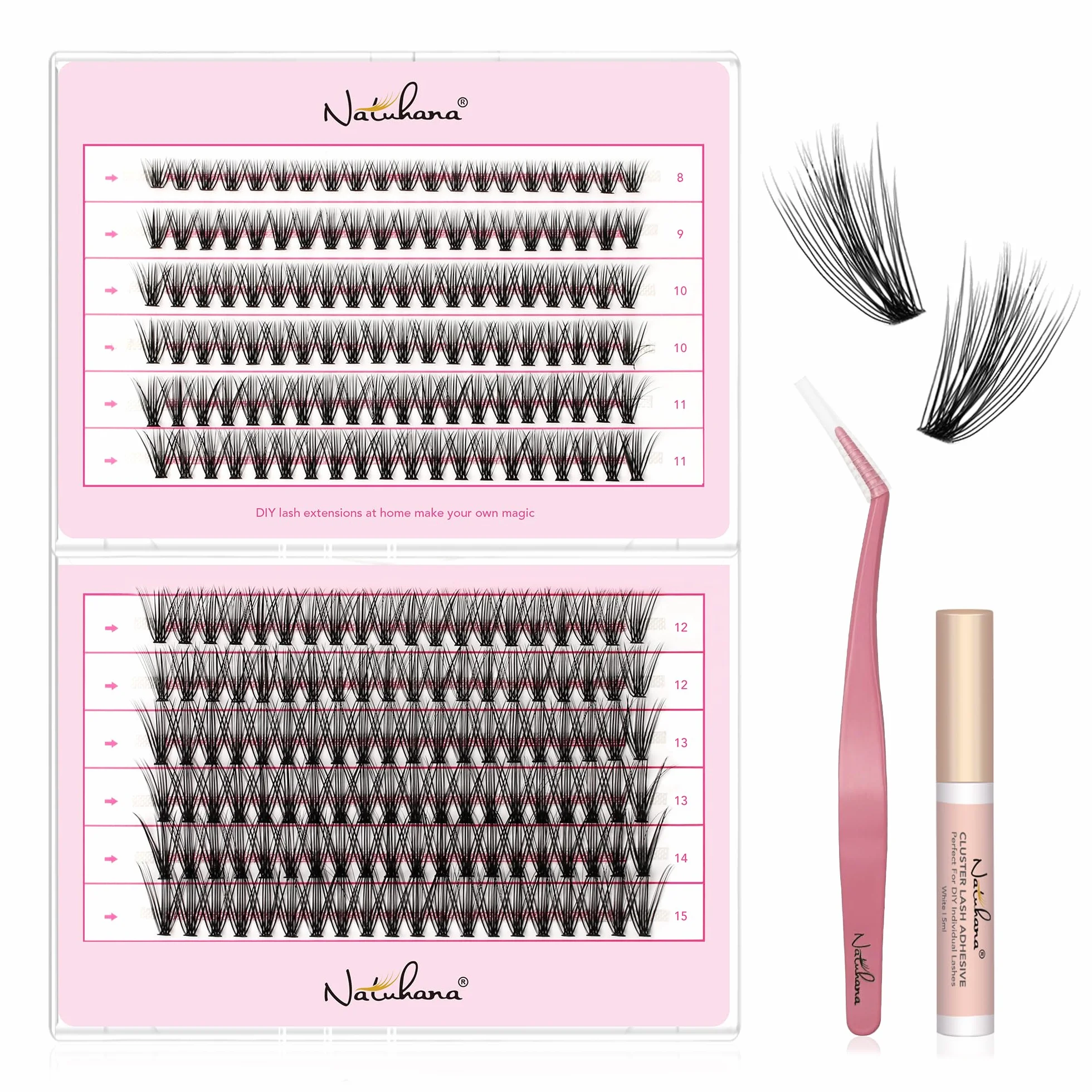 Ciglia Finte Ciuffetti, 240 PCS Ciglia Extension Kit 8-15mm Misto Naturali 0.07mm, DIY Eyelash Extension Cluster con Pinzette e Colla(30P, Nero, 8-15mm)