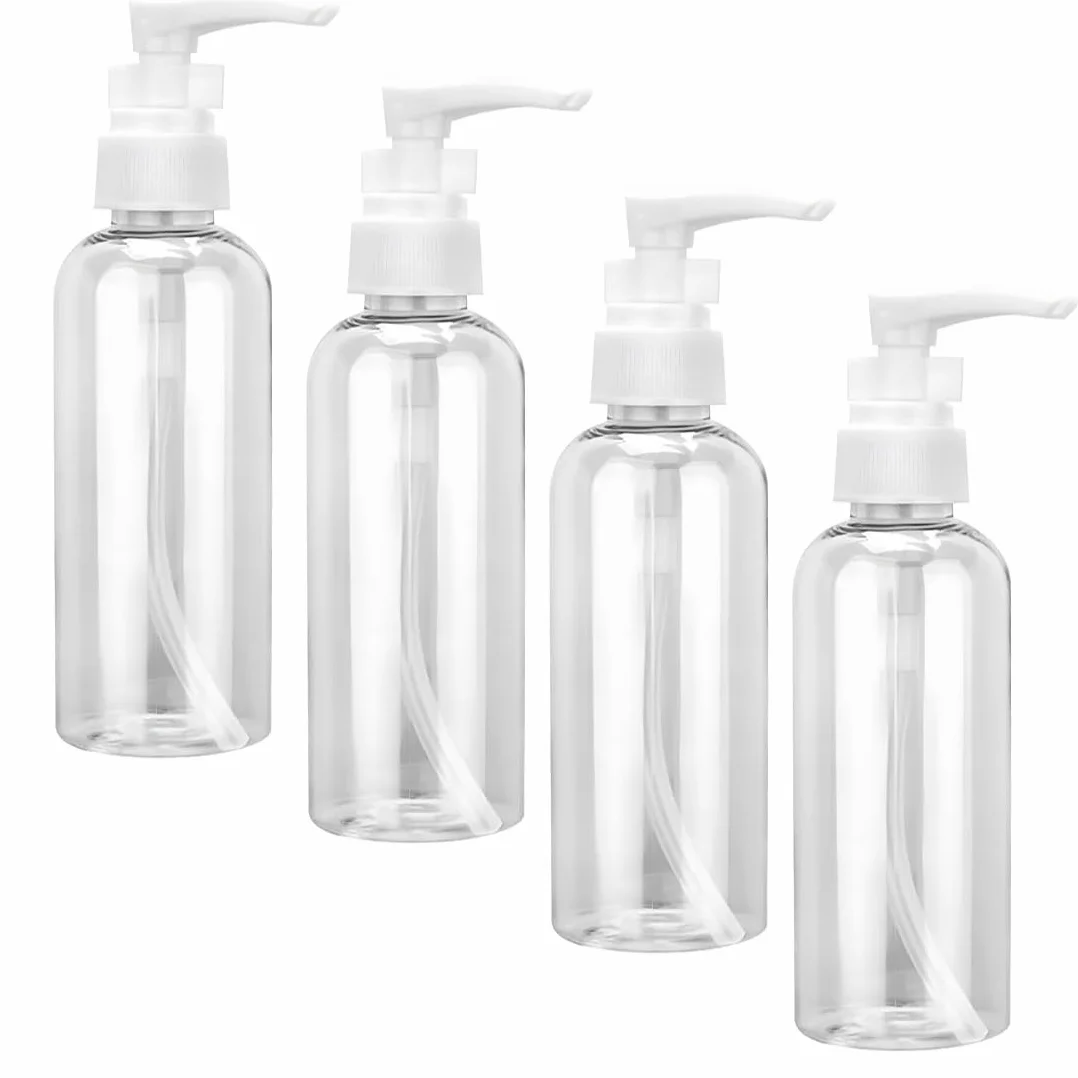 4 Pezzi Flaconi da Viaggio, 80 ml Bottiglie da Viaggio Trasparenti, Pompa da Viaggio in Plastica Dispenser, Boccette Contenitori Ricaricabile, per Cosmetici, Lozione, Bagno, Shampoo Liquidi