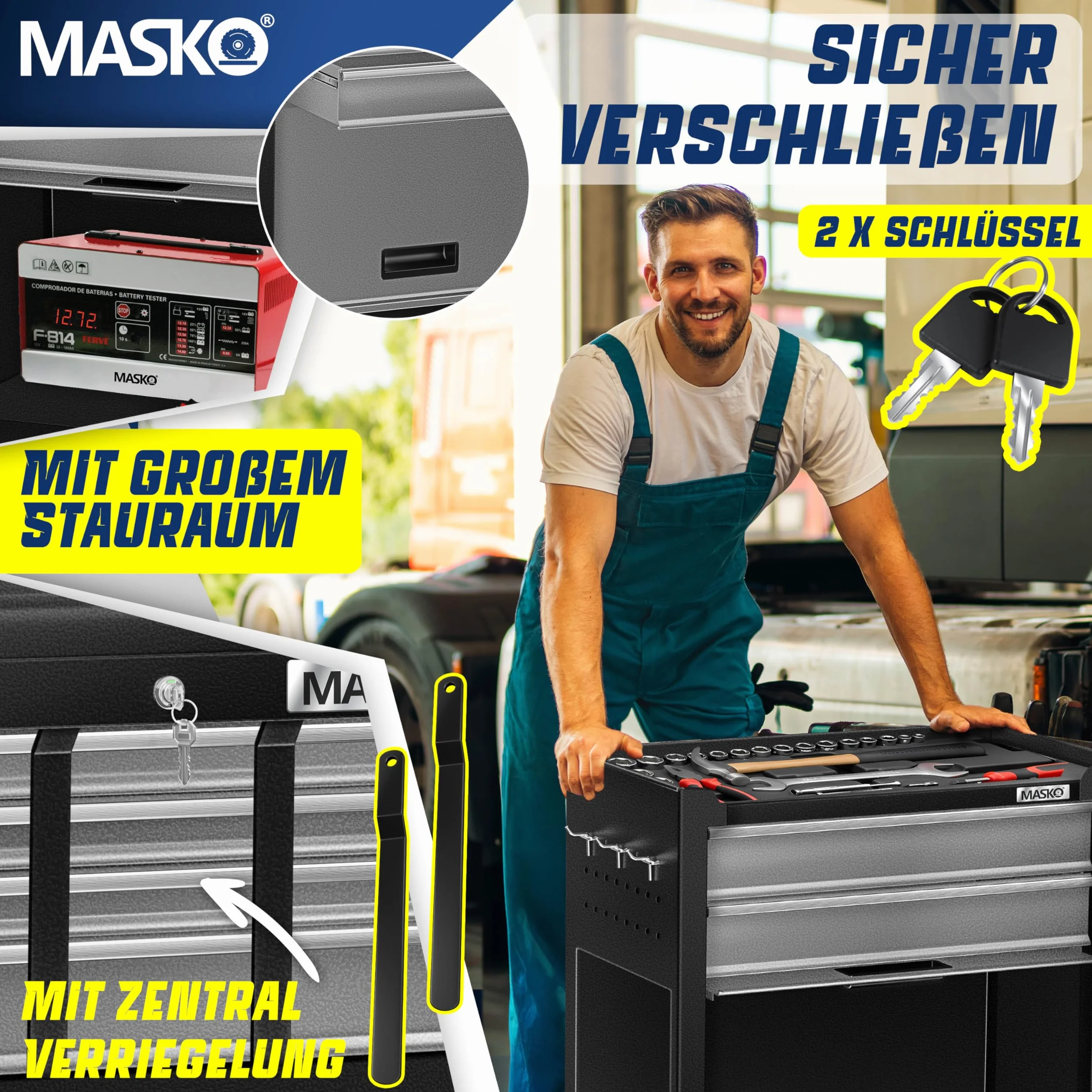 MASKO Carrello da officina con valigetta 9 scomparti chiudibili metallo massiccio portautensili portatile con serratura Nero