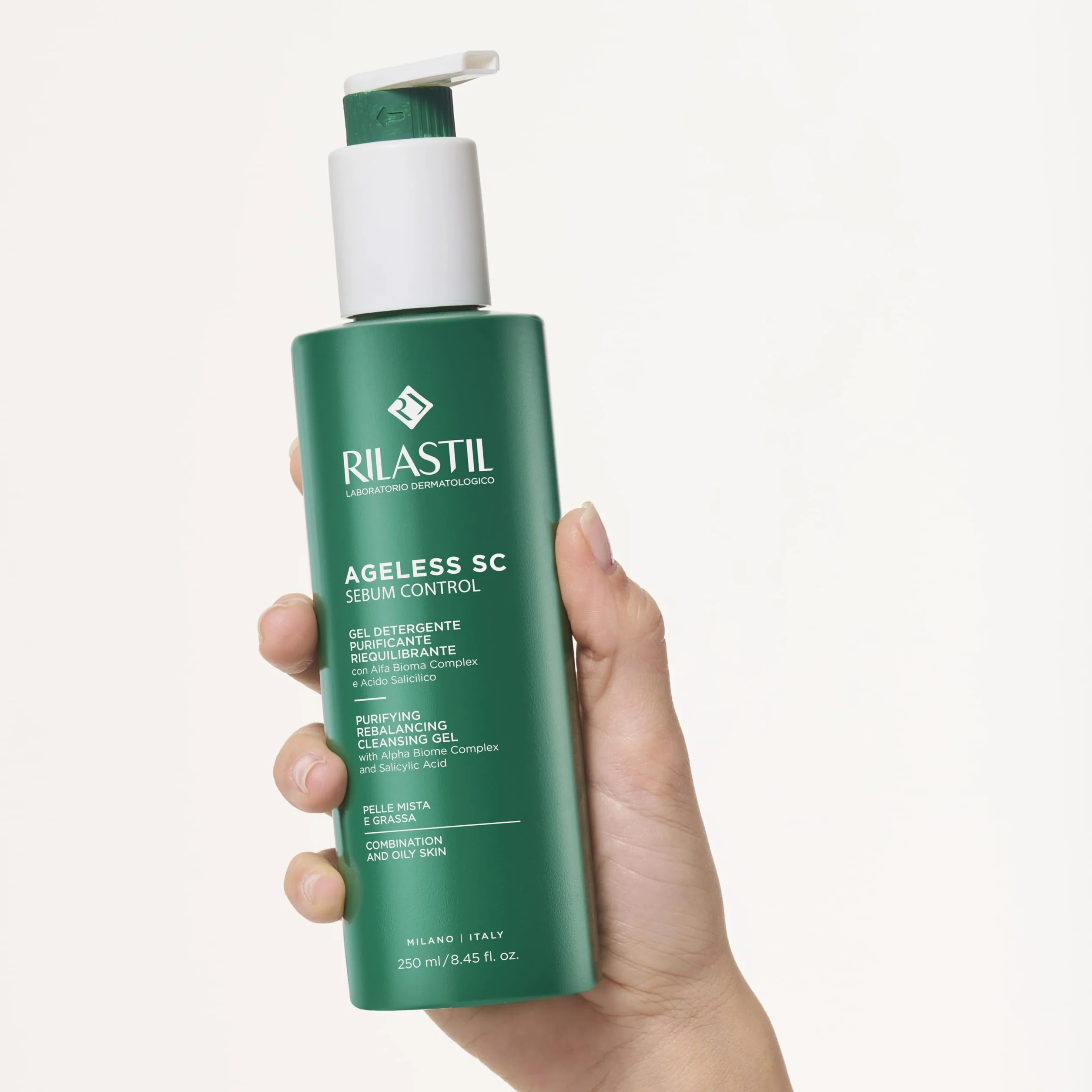 Rilastil Ageless SC Sebum Control, Gel detergente purificante e riequilibrante viso con Alfa Bioma Complex e Acido Salicilico ad azione sebonormalizzante, 250 ml