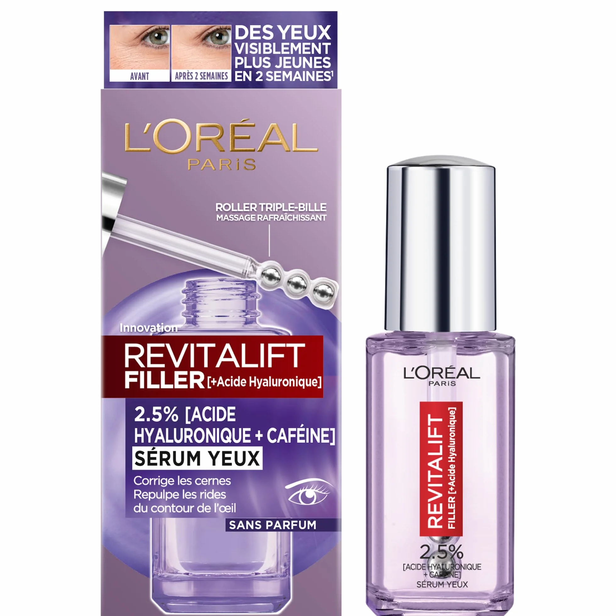 L'Oréal Paris Siero per contorno occhi - Anti-rughe, anti-tasche e correttore - Acido ialuronico puro e caffeina - Punta triple-Bille innovativa - Revitalift Filler - 20 ml