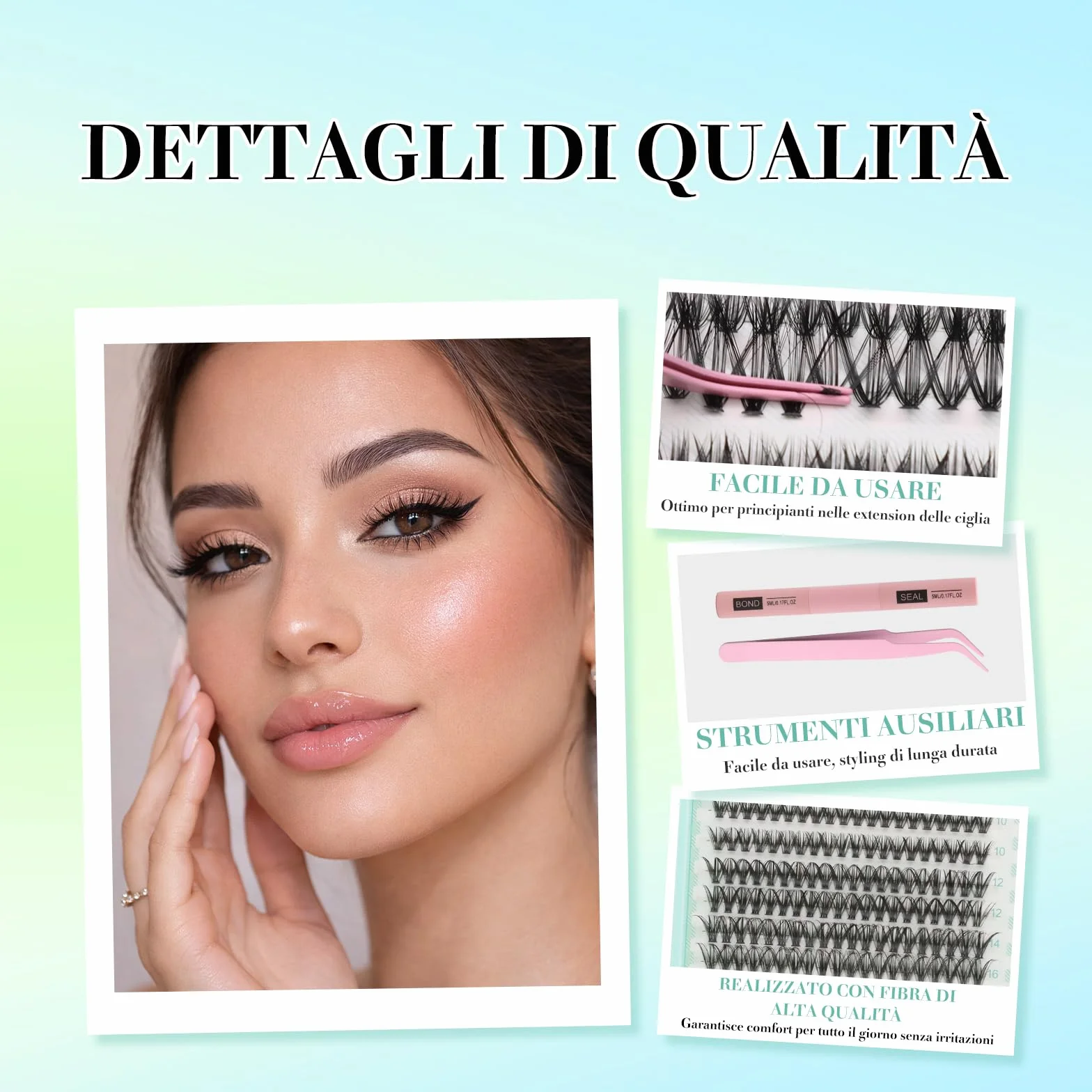 VEGCOO 640 Pezzi Ciglia Finte Extension Ciglia, 30D-40D-50D-60D Curl Ciglia Finte Ciuffetti, 8-16mm Kit di Extension per Ciglia, DIY Eyelash Extension per Donne Principianti,Confezione regalo verde