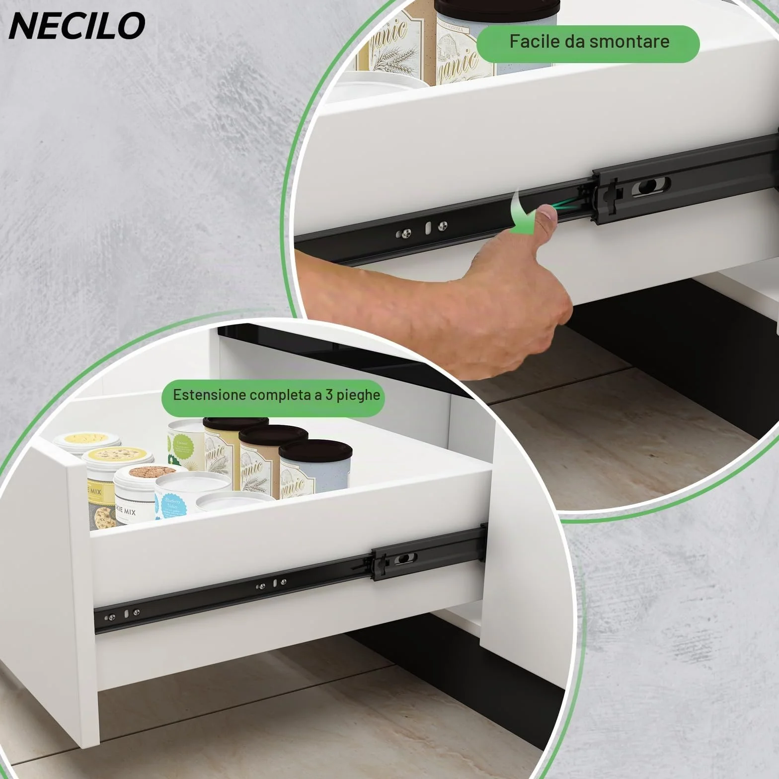 NECILO guide cassetti 200mm 45kg estrazione totale cuscinetti sfera nero 1 coppia