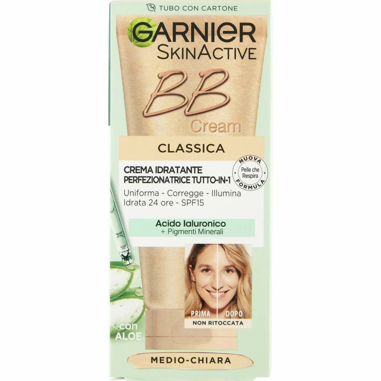 Garnier BB Cream Classica SkinActive, Per Pelle Uniforme e Idratata, Look Naturale, Arricchita con Acido Ialuronico, Aloe Vera e Pigmenti Minerali, SPF 15, Tonalità: Medio-Chiara