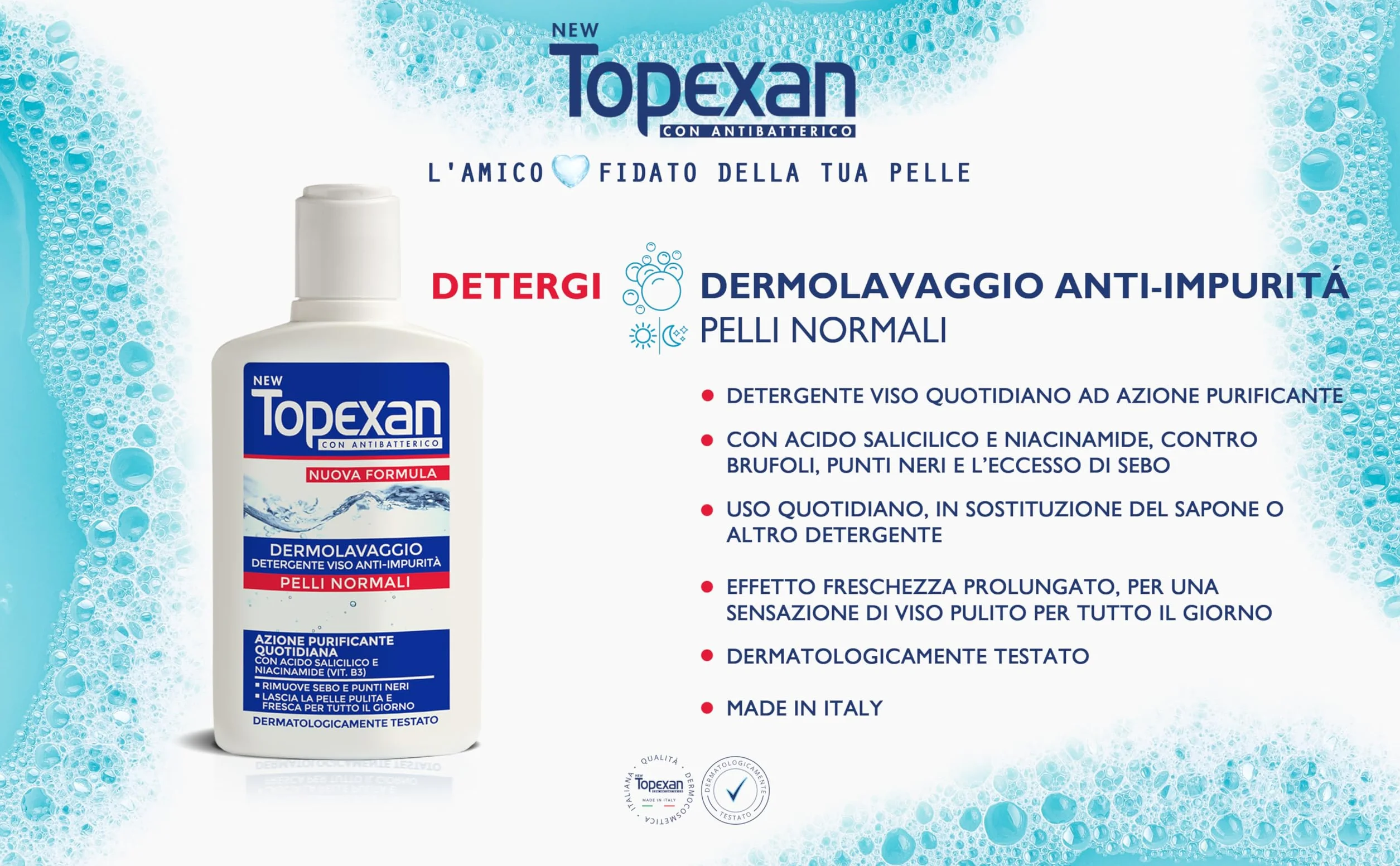 NEW TOPEXAN Dermolavaggio Anti-impurità - Detergente viso ad azione purificante - con Acido Salicilico e Niacinamide - Rimuove sebo e punti neri - Uso quotidiano - 150ml