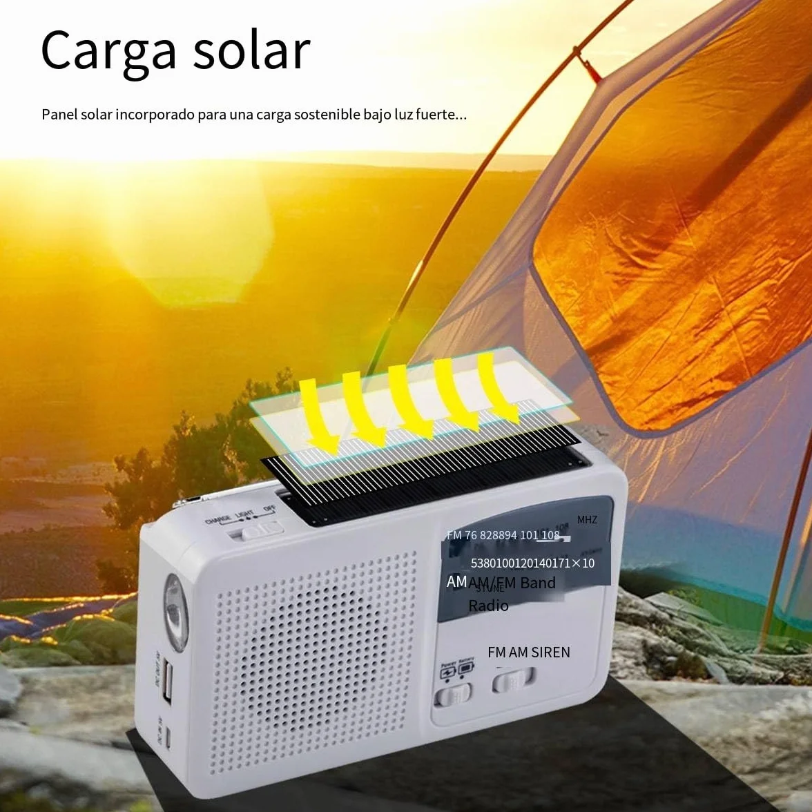 Radio a energia solare a manovella con torcia LED e ricarica cellulare, bianco