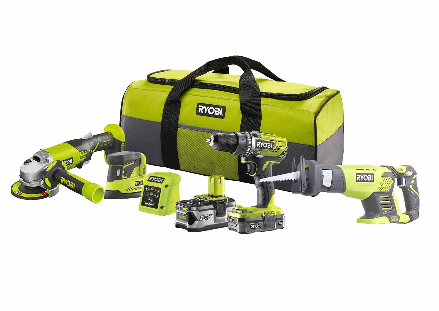 Ryobi Kit 4 Utensili 18V ONE+ Trapano 50 Nm Smerigliatrice Sega Dritta Levigatrice 2 Batterie 2.0Ah 4.0Ah Caricatore Borsa R18CK4E-242S