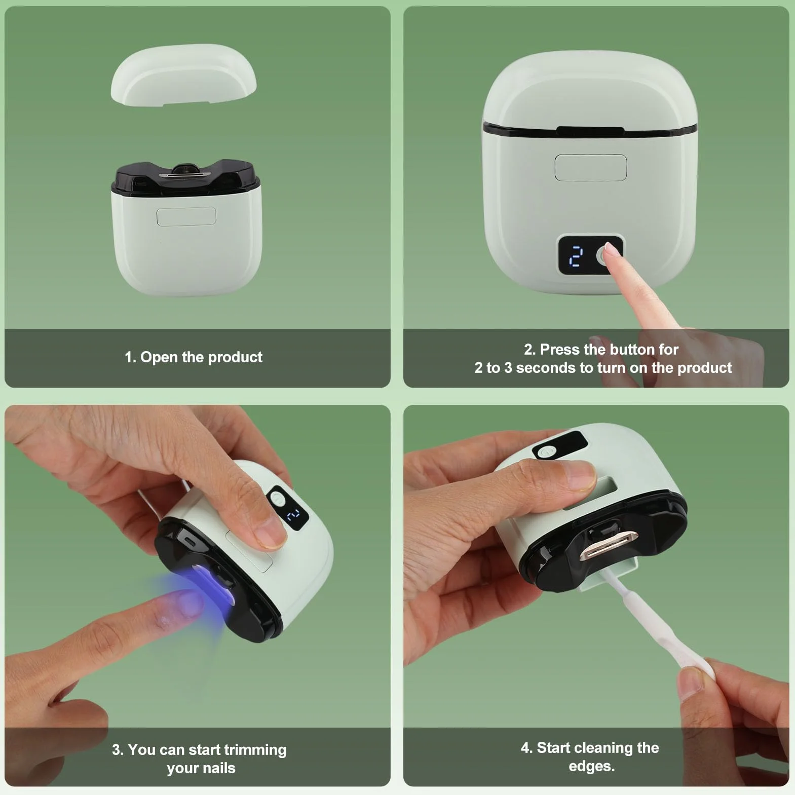 Tagliaunghie Elettrico 3 in 1 Ricaricabile USB-C, Taglia Unghie Automatico con Luce LED e Display, 3 Velocità, Lima Unghie Elettrica con Raccolta Polvere, per Bambini Adulti Anziani (Verde)
