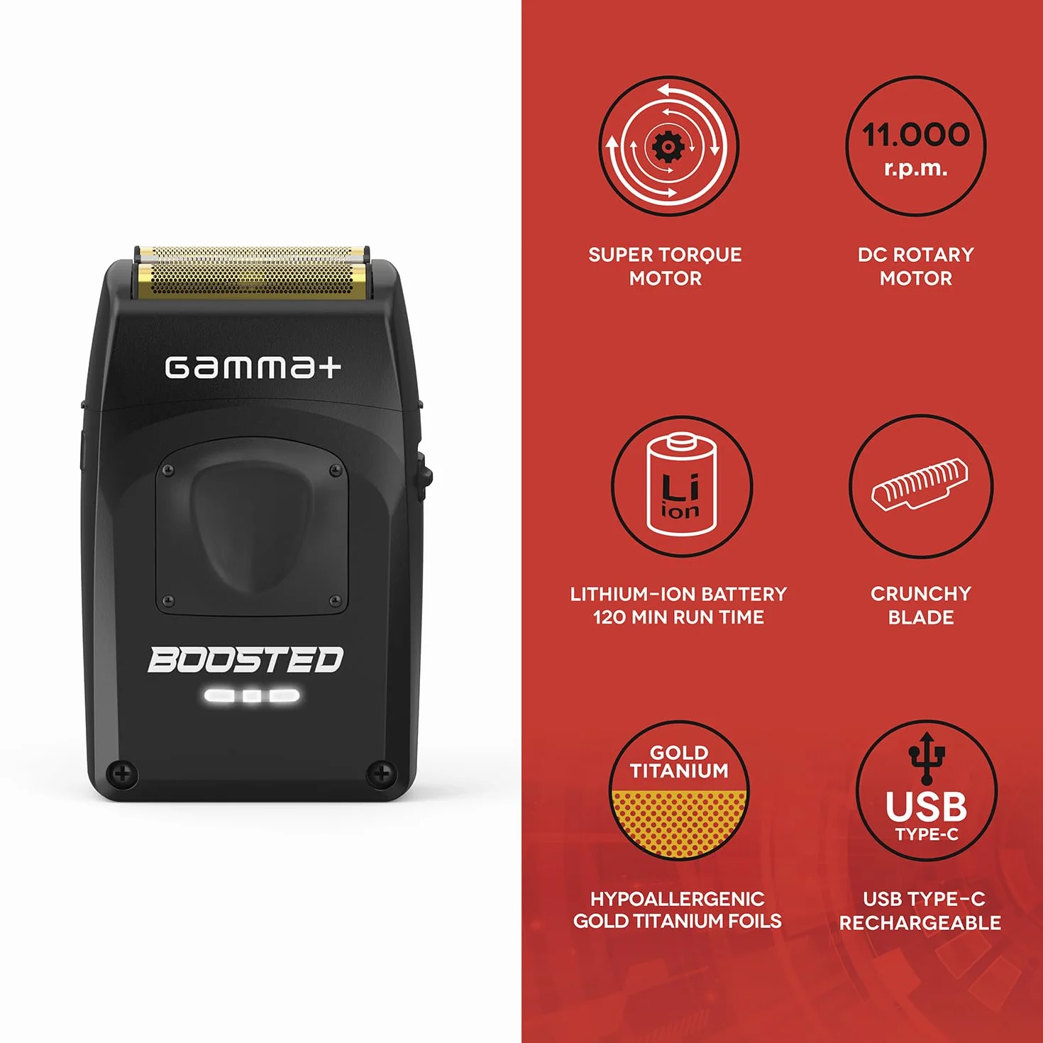 GAMMA+ Boosted Rasoio Elettrico Barba e Capelli con 3 Lame, Rasoio Barba Elettrico Uomo Senza Fili, Autonomia 120 Minuti, Rasoio da Viaggio Compatto, Impermeabile IPX7, Velocità di taglio 11.000 RPM