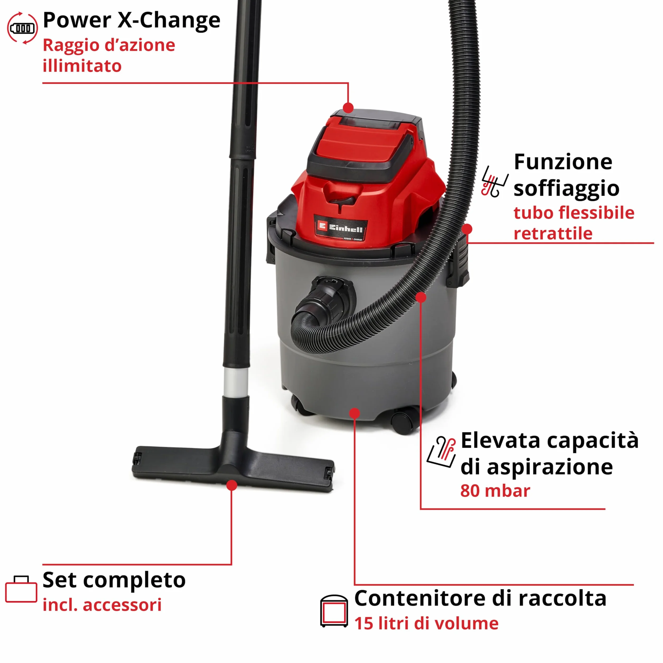 Einhell TC-VC 18/15 Li-Solo Aspiratore solidi e liquidi a batteria Power X-Change 18V 15L 80 mbar 150 cm