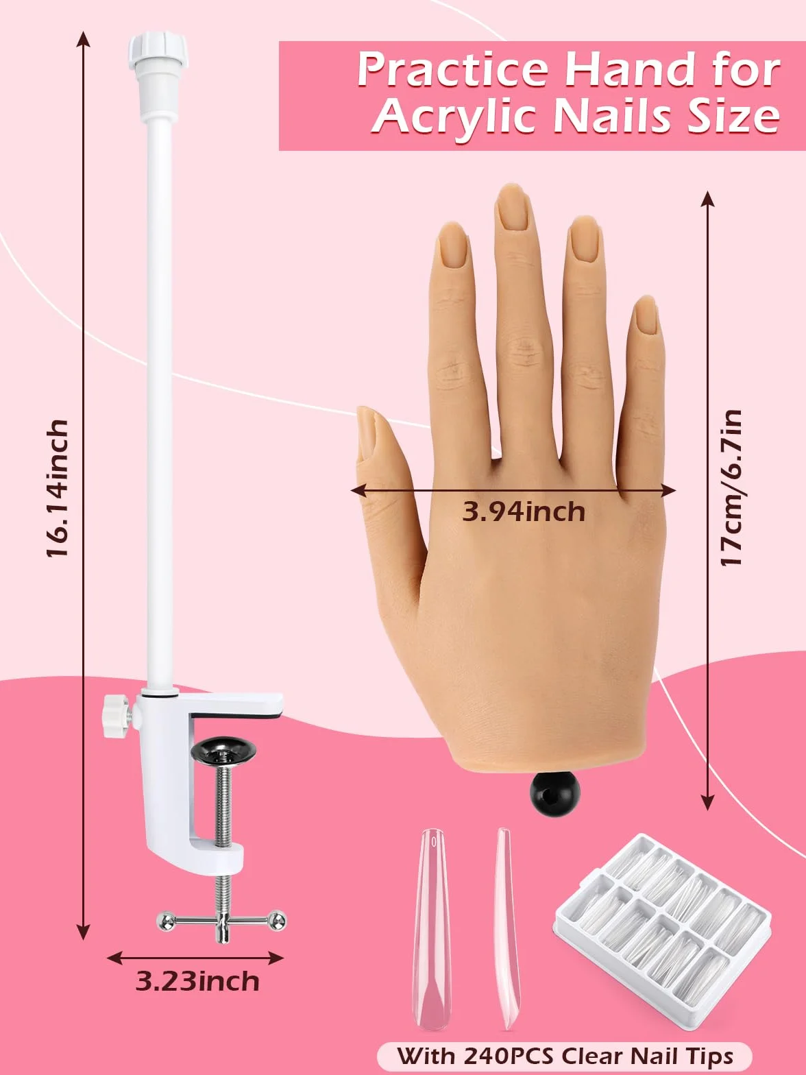 Mano Finta per Ricostruzione Unghie: Silicone Mano Pratica Unghie | Flessibile Mano Finta per Unghie con 240 Pezzi 3XL Punte per Unghie per Principianti Salone Casa, Naturale