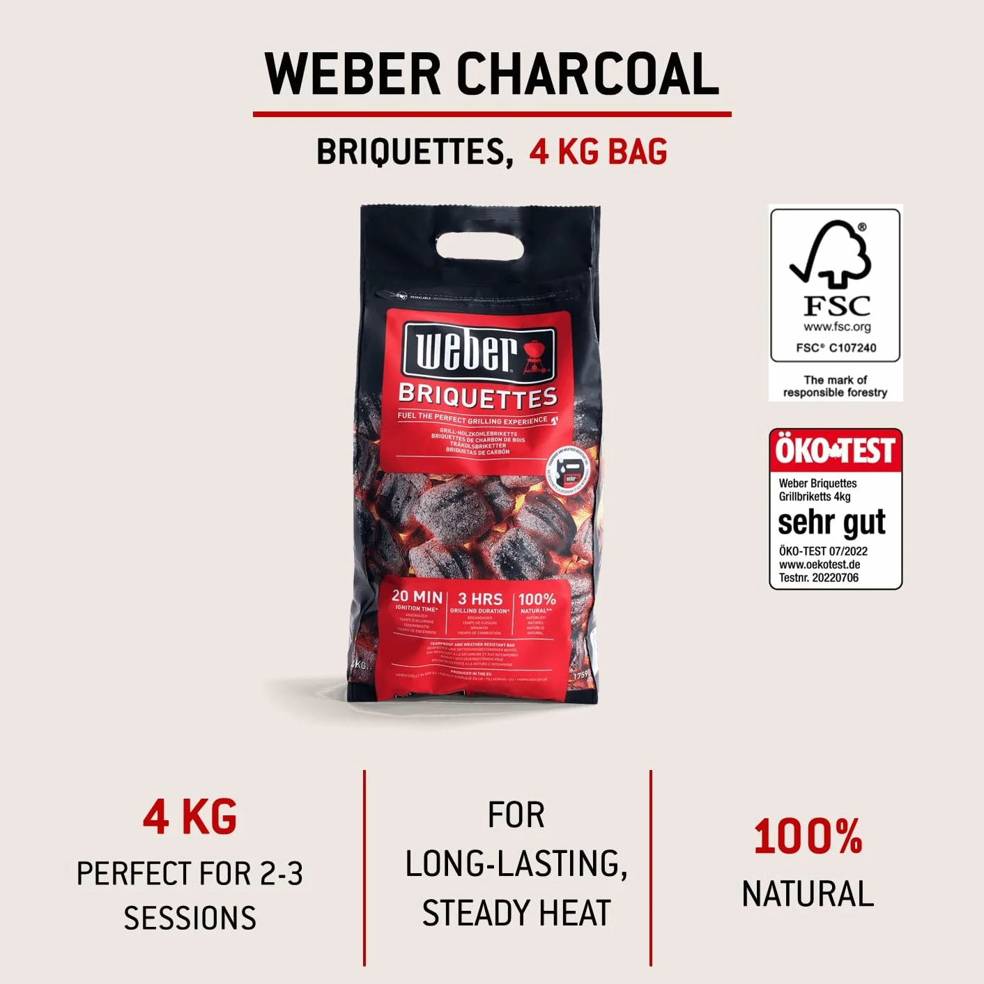 Weber Bricchetti di carbone 4 kg BBQ combustibile naturale accensione 20 minuti 3 ore