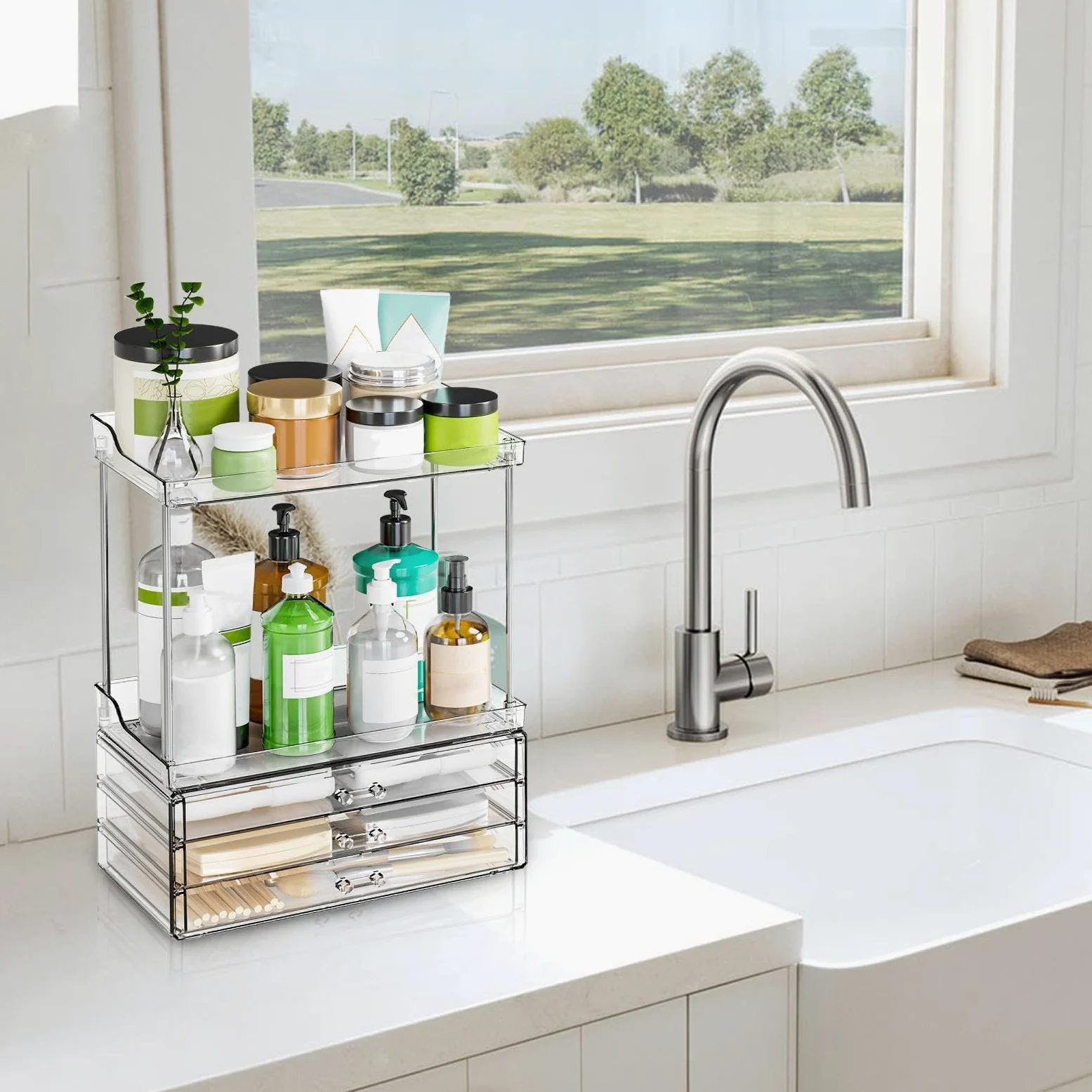 Organizer per trucchi con cassetti, supporto a 2 ripiani con cassetti, multiuso, organizer per articoli da toeletta per toeletta, cucina, camera da