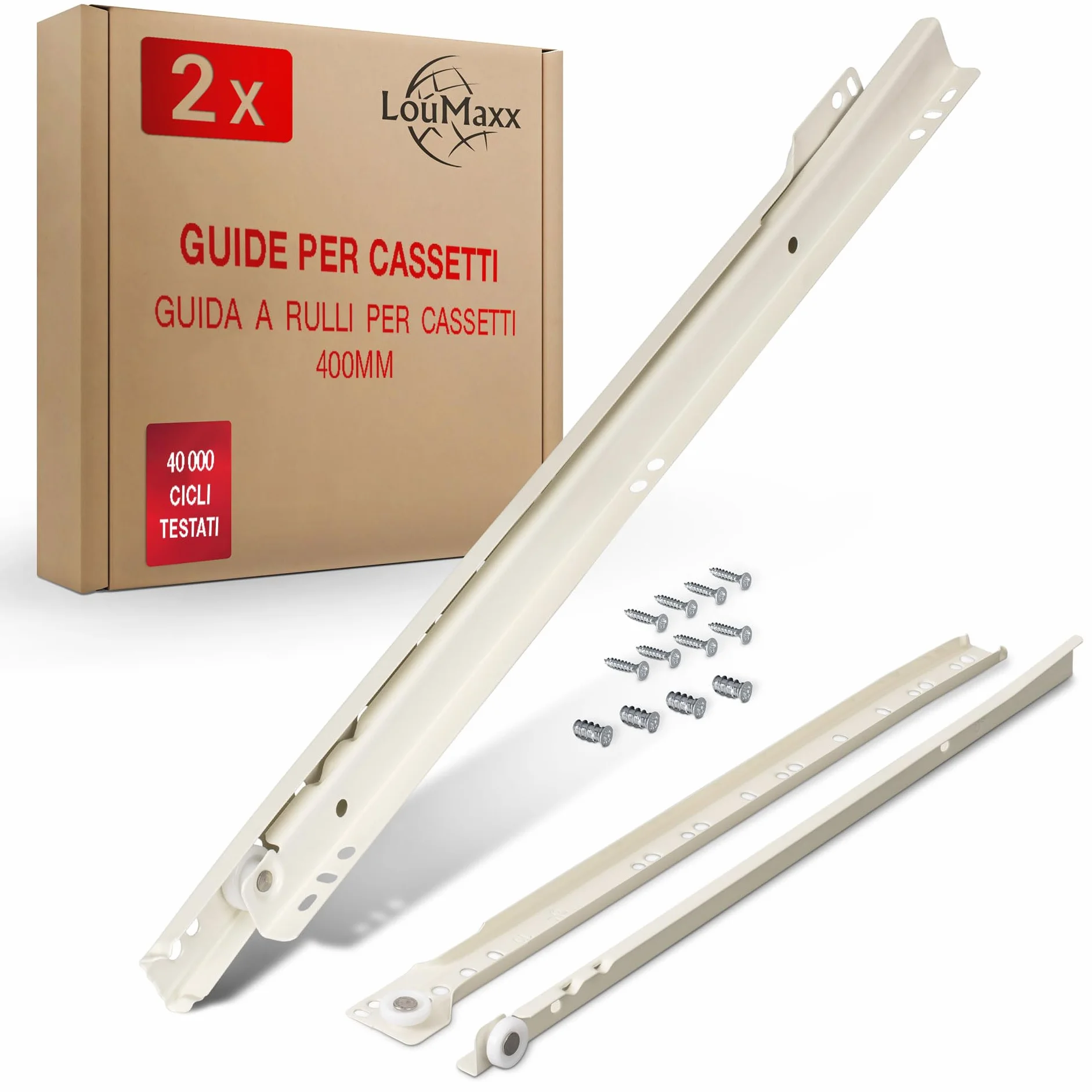 LouMaxx Guide per Cassetti 400 mm Set di 2 Bianco a Scorrimento Morbido
