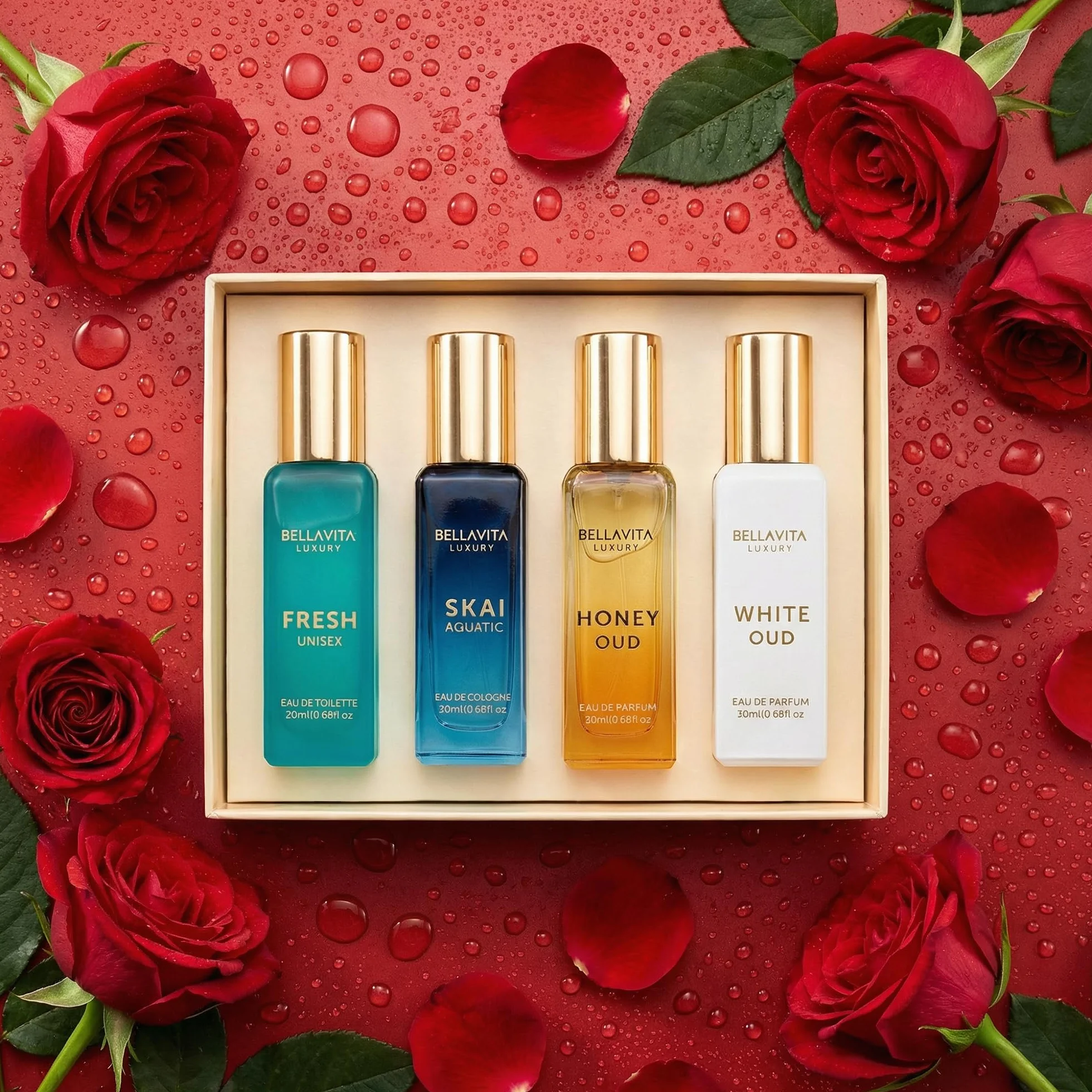 BellaVita Luxury Perfume for Women Cologne Gift Set (4x20ml) | Vanilla Perfumes- Fresh, SKAI, White OUD, Honey OUD | Pheromone Perfume for Women Gift with Perfume Atomiser | Arabian Perfume for Women