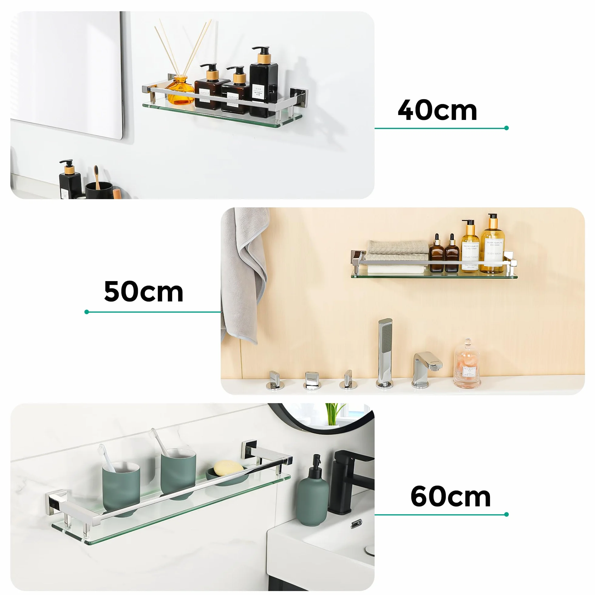 Mensola Doccia Vetro 40CM Acciaio Inox 304 Cromo Lucido per Bagno