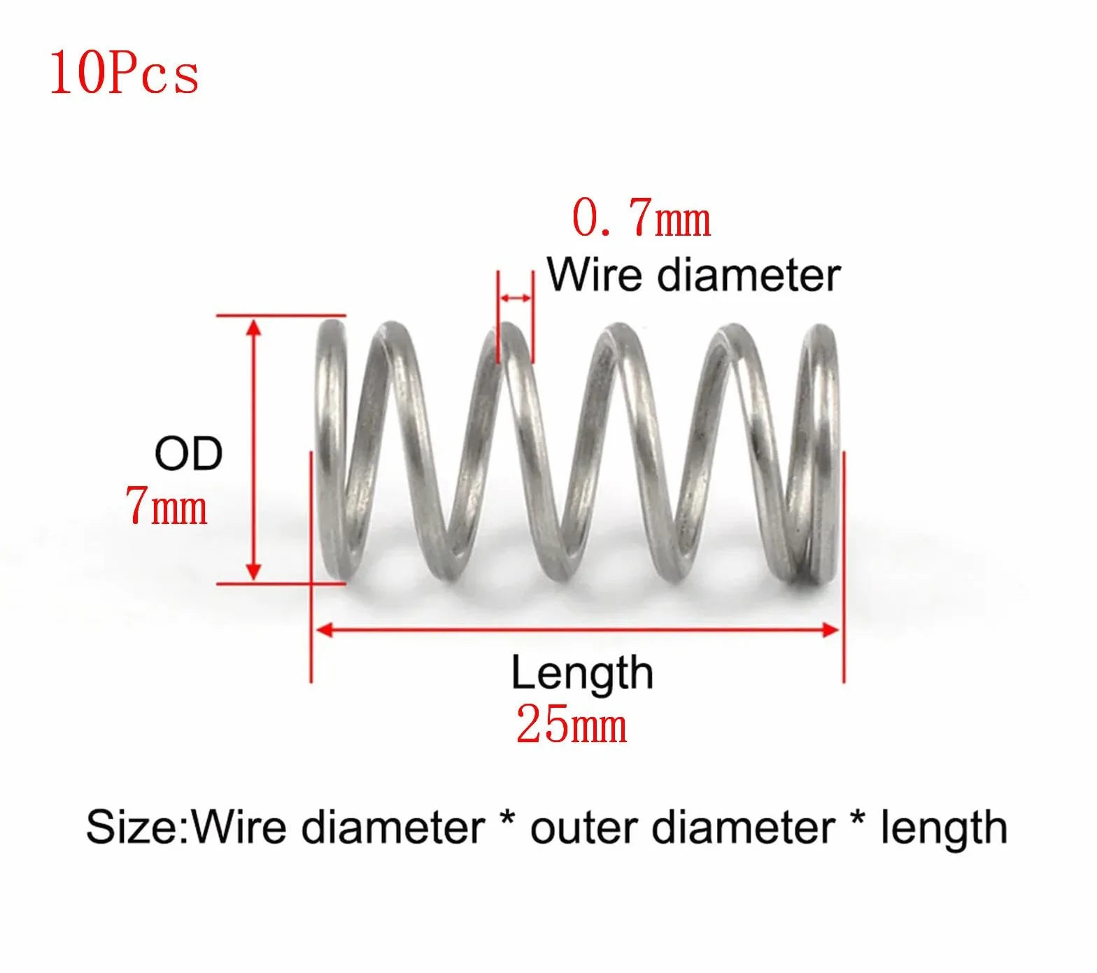 Molla Compressione Acciaio inossidabile 7mm OD 0.7mm Filo Diametro 25mm Lunghezza 10 Pezzi
