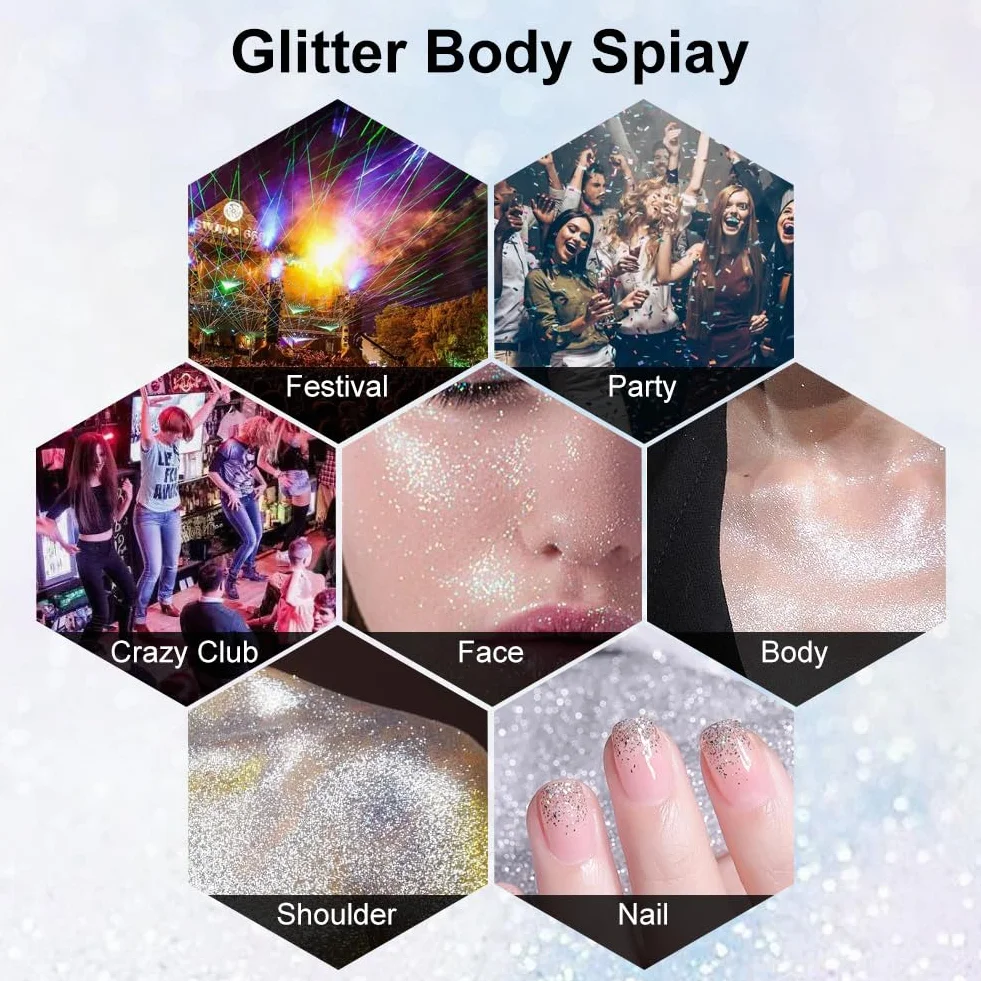 LOPHE Spray Brillantini Glitter, Glitterato Spray per Corpo Viso, Brillantini Corpo Vestiti per Capelli, Ultra Fine, Body Shimmer per Festival di Halloween, Club, Feste (100ml, Argento)