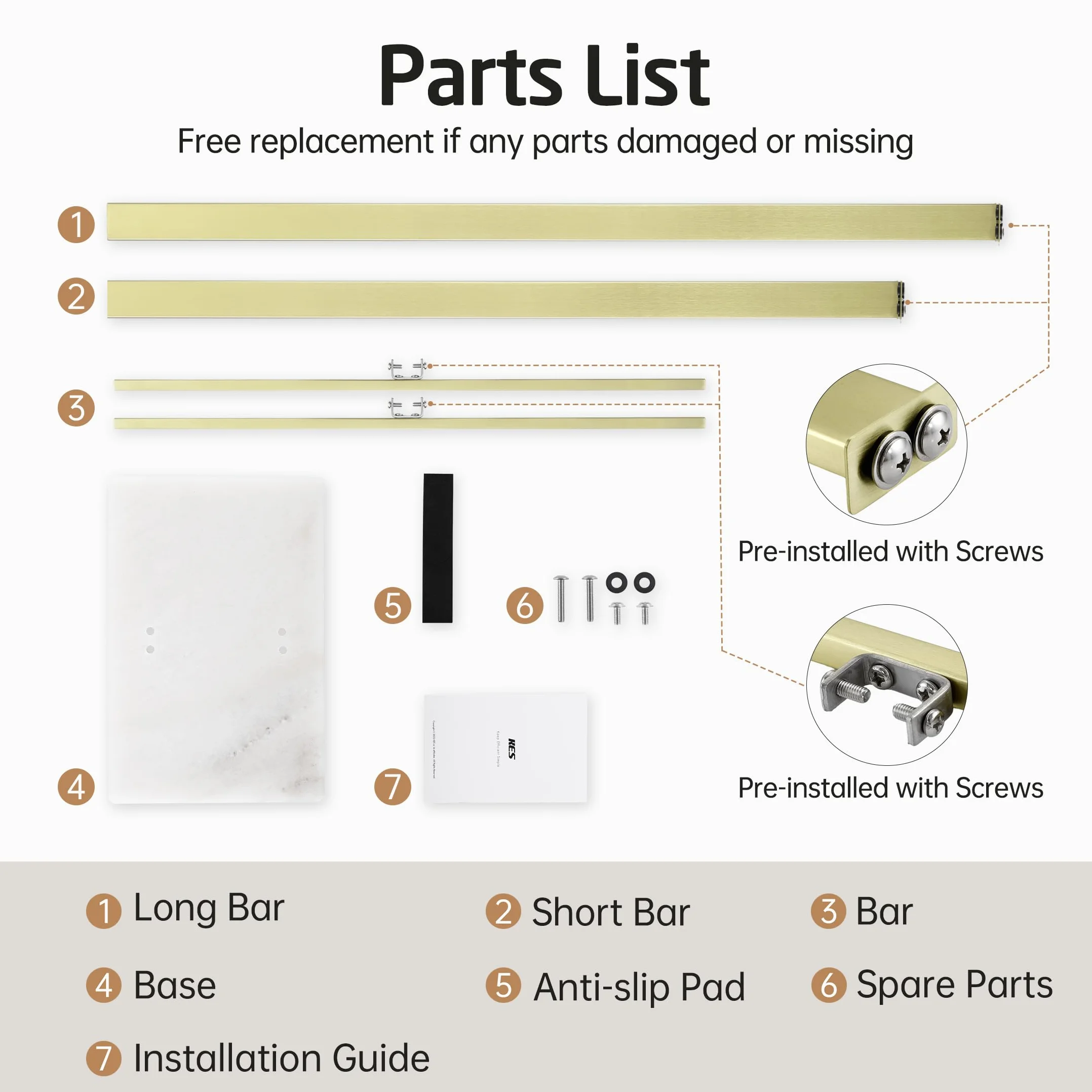 KES Oro Porta Asciugamani Bagno 2 Bracci Base Marmo Acciaio Inossidabile 18/8 Oro Spazzolato
