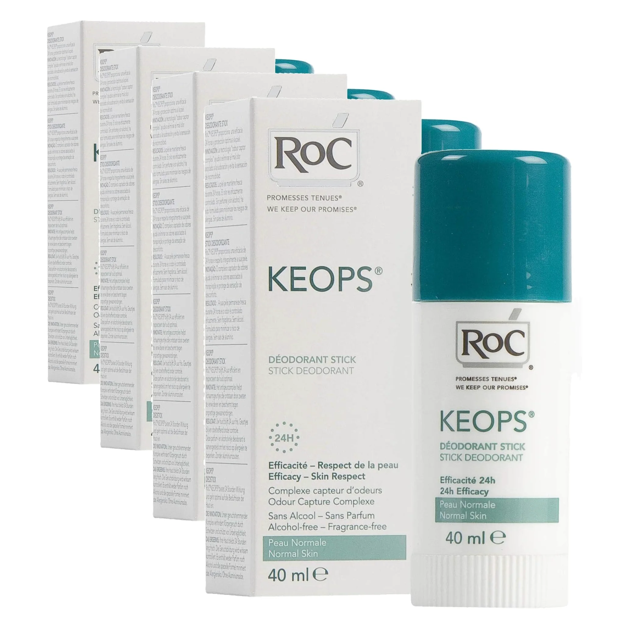 RoC - KEOPS Deodorante Stick - Efficacia 24 Ore - Senza Alcool, Profumo e Sali di Alluminio - Tutti i Tipi di Pelle - 40 ml (Confezione da 4)