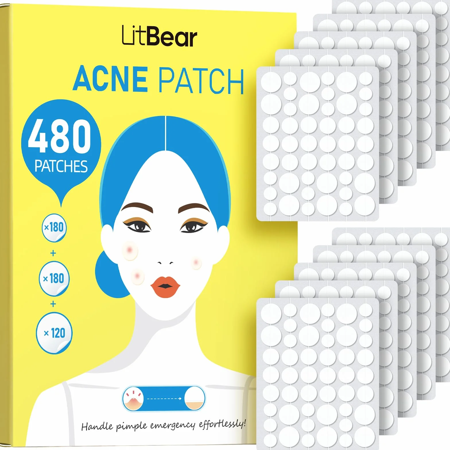 LitBear Toppe per acne in confezione grande, 480 pezzi, 3 misure, idrocolloide, acne per il viso, per coprire brufoli, imperfezioni della pelle e acne, adatte per tutti i tipi di pelle