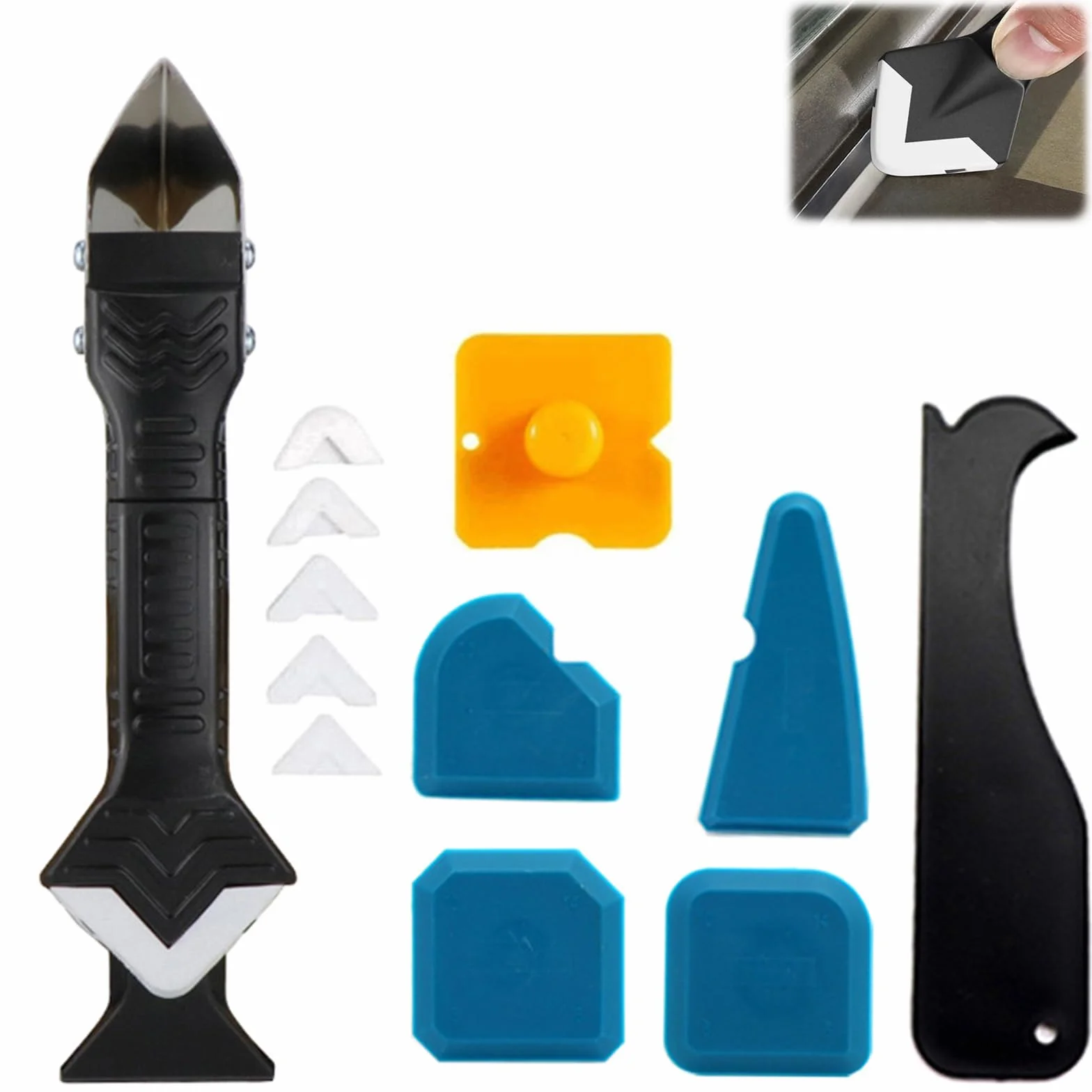 Kit rimozione silicone 5 in 1, coltello giunture acciaio inox, 6 pastiglie intercambiabili