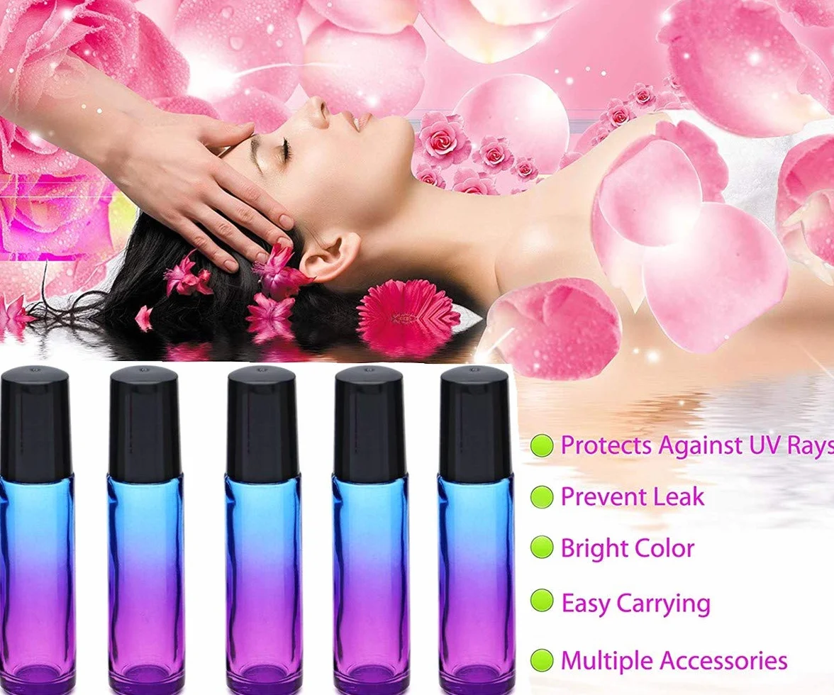 12 bottiglie di oli essenziali da 10 ml, colore sfumato, roll-on con imbuto/apertura/etichette, per massaggi profumi