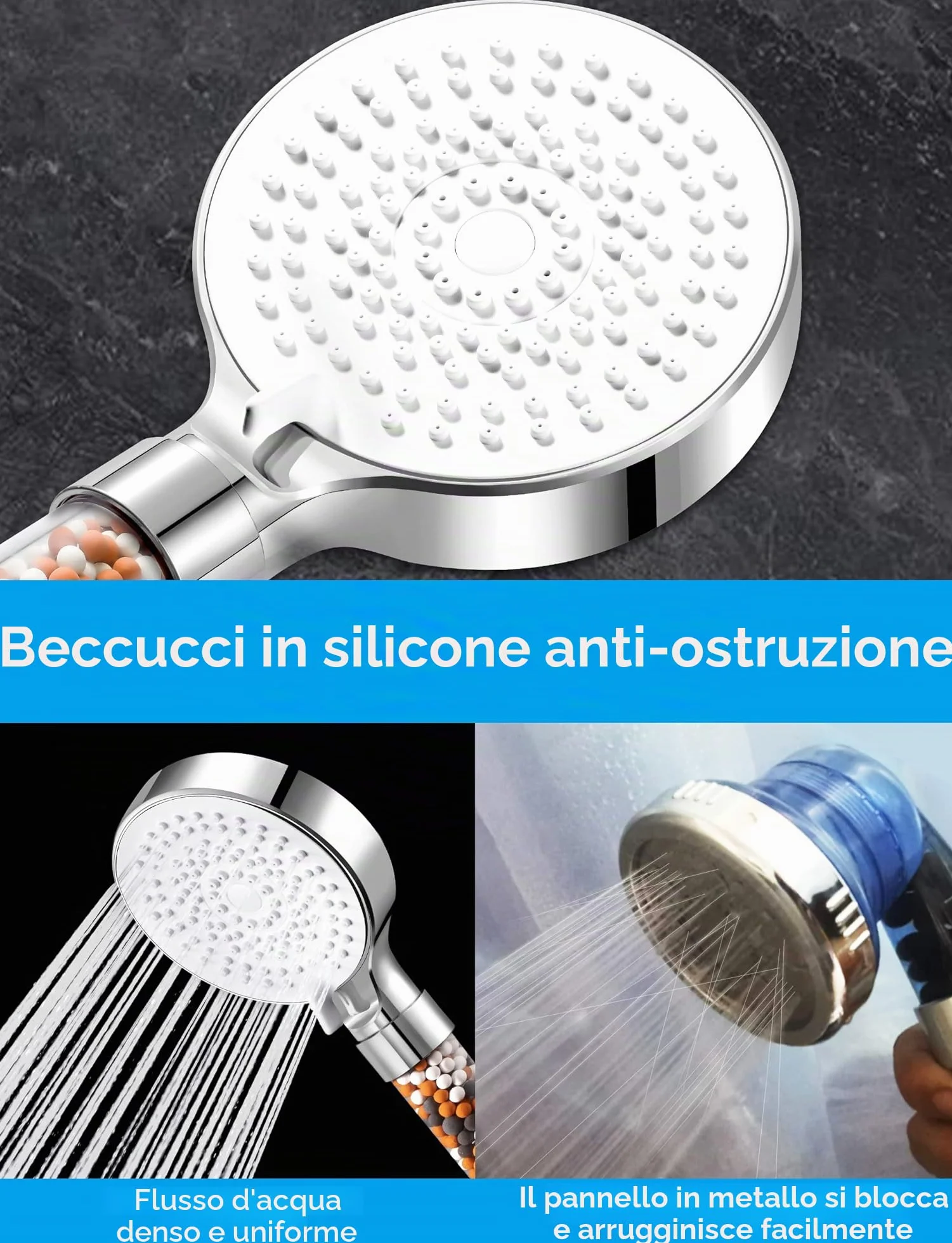 Magichome Soffione Doccia Anticalcare 5 Getti Spray Alta Pressione Filtrazione a 3 Strati Bianco