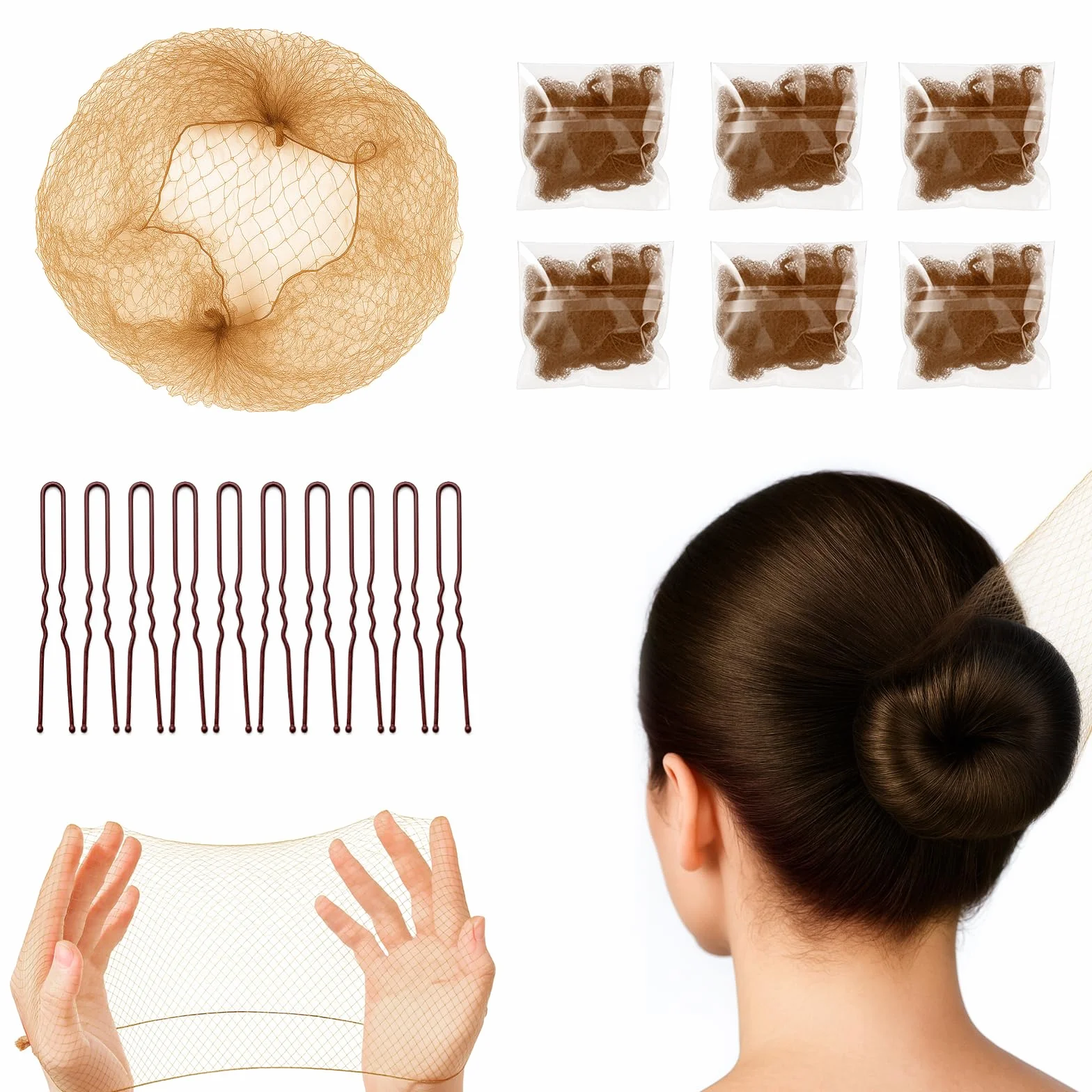 Retine per capelli per chignon, 20 reti per chignon con 20 forcine a forma di U per donne da 50 cm, rete invisibile per chignon, per ragazze, ballerine, chef, infermieri, assistenti di volo