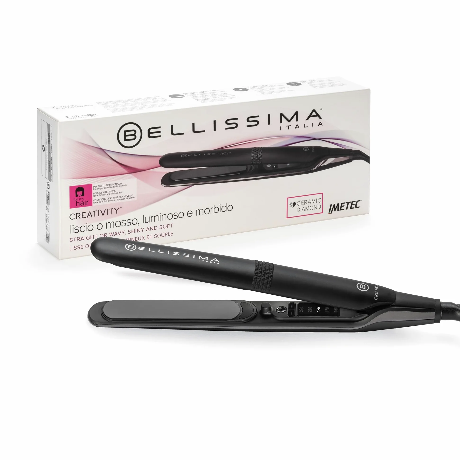 Bellissima Imetec Creativity – Piastra per capelli 150-230°C | Rivestimento ceramica Diamond | 5 temperature 150°C-230°C | Funzione Memory | Calore costante