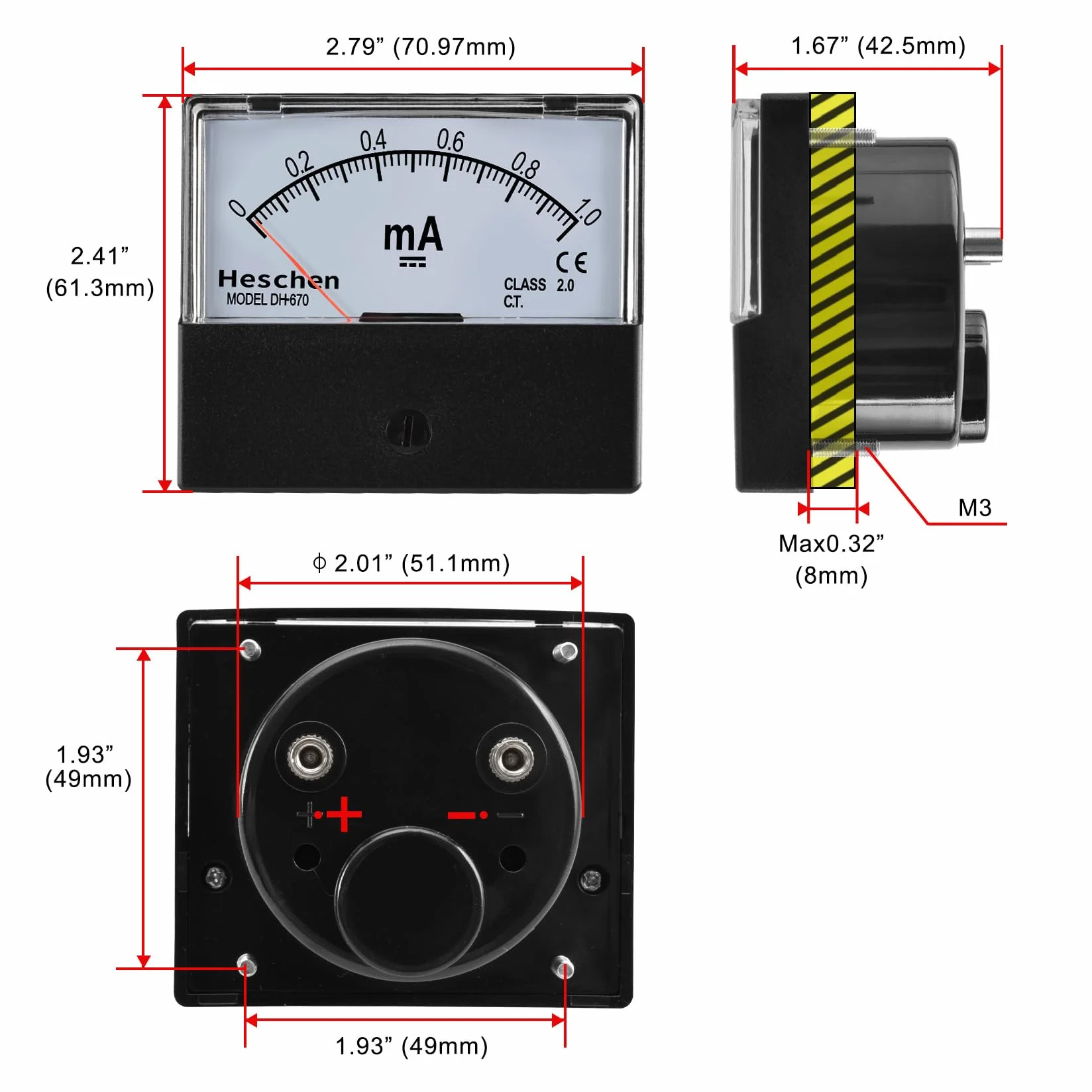 Heschen DH-670 Tester per amperometro a pannello rettangolare DC 0-1mA classe 2.0 CE