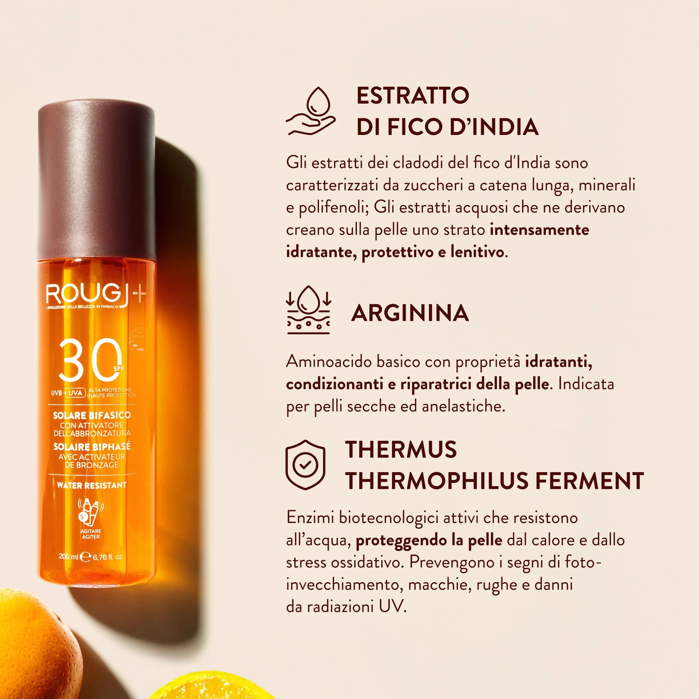 Rougj Spray Solare Bifasico 30 con Attivatore di Melanina - Protezione Solare 30 Spray Corpo con Arginina, Fico d’India e Thermus Ferment - SPF 30 Water Resistant 200ml - Made in Italy