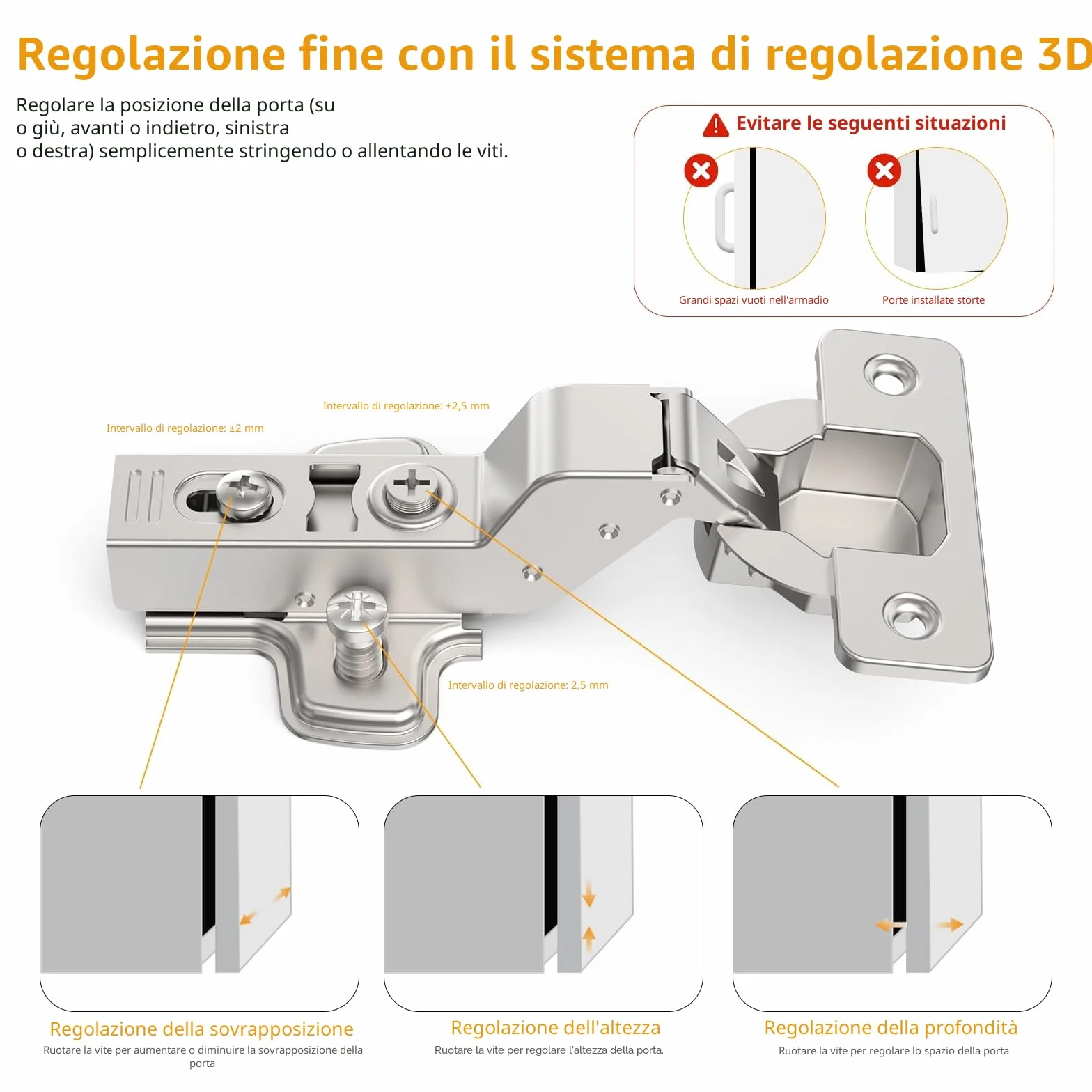 Furniware Cerniere a Scomparsa 3D Clip-On Incasso Angolo 45°-105°, Nichel Satinato, Acciaio Inox per Ante