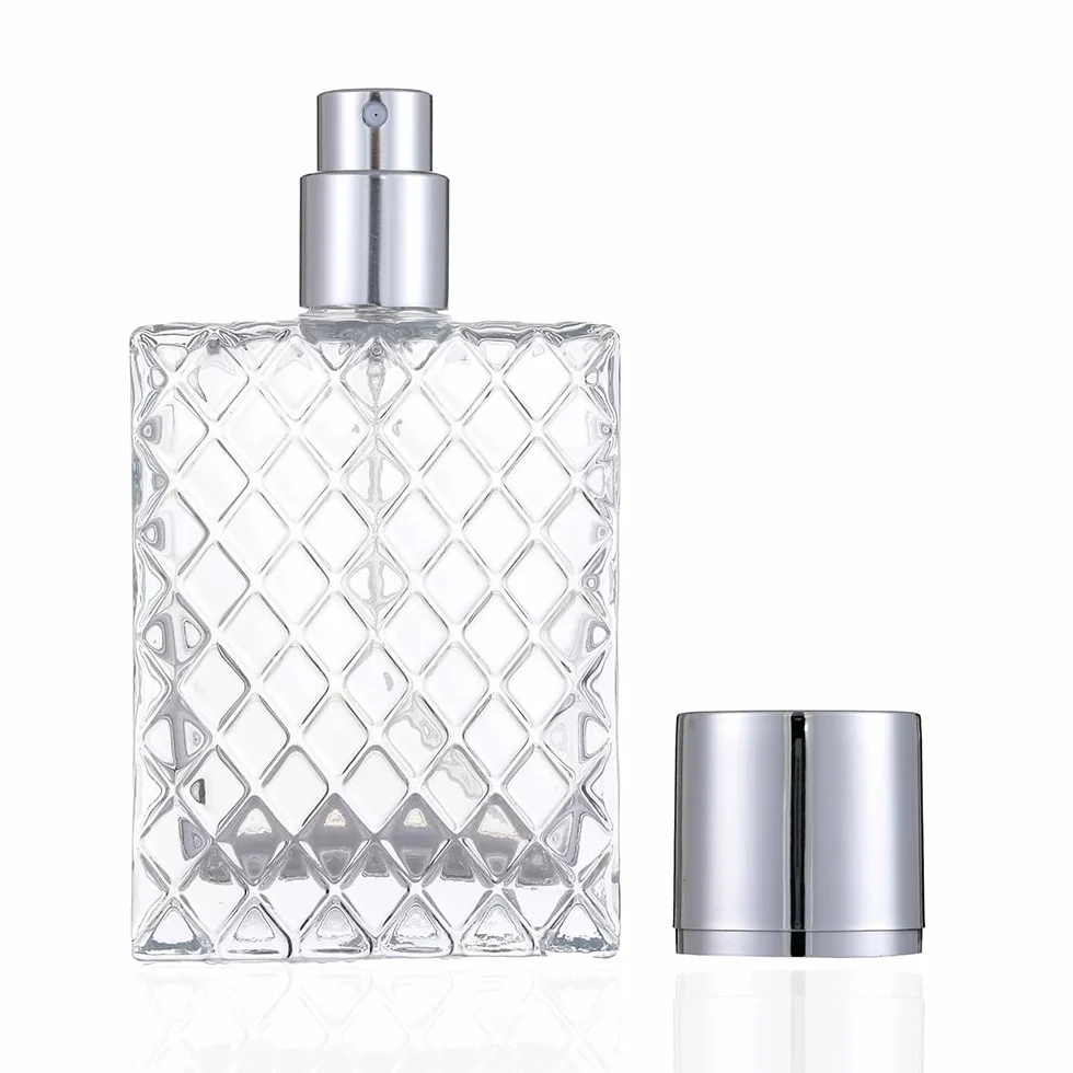 Bottiglia spray per profumo, da 50 ml / 1,7 fl.oz, con nebulizzatore trasparente, ricaricabile, in vetro, flacone vuoto, dispenser quadrato portatile, Argento, 1.7 Ounces