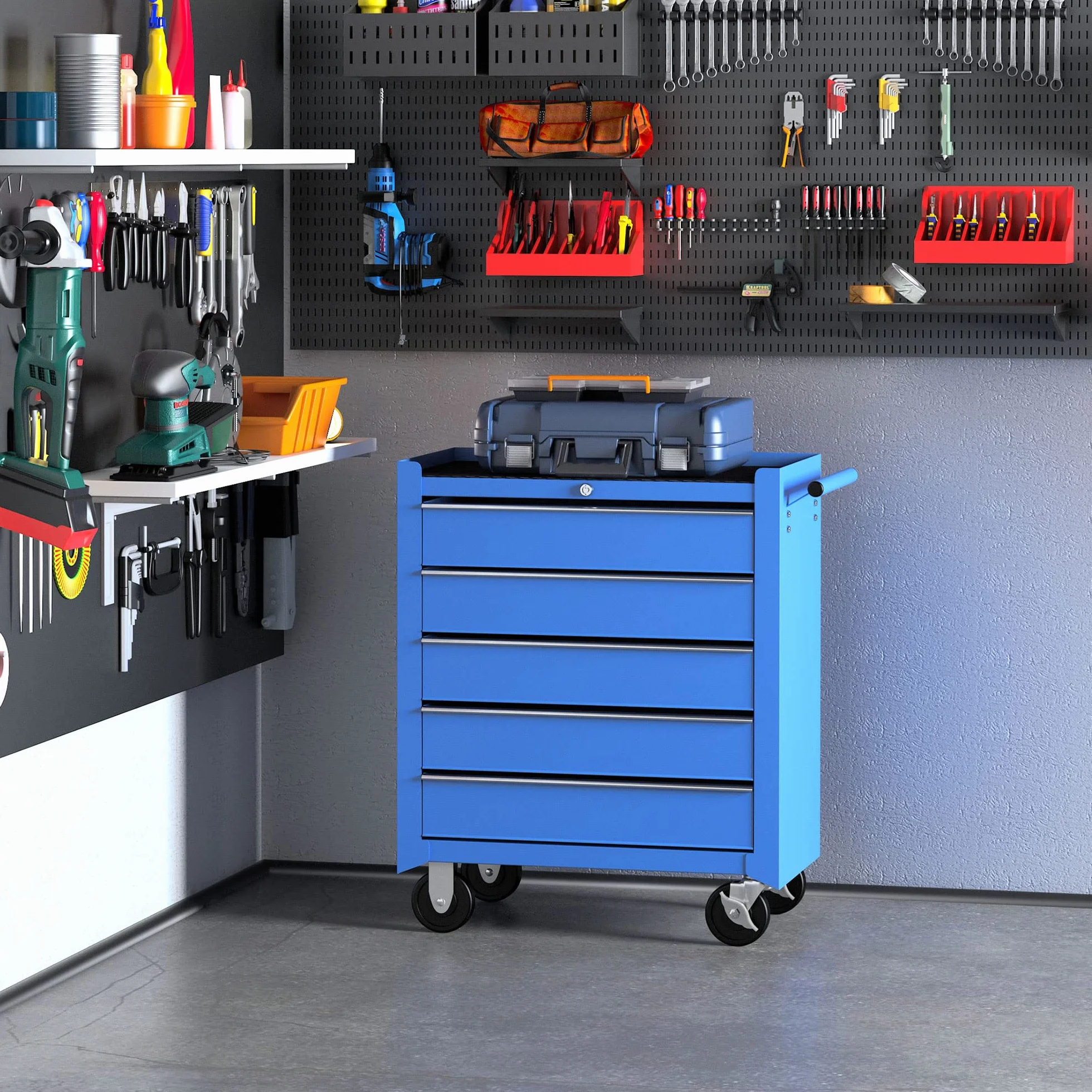 HOMCOM Carrello da Officina 5 Cassetti con Ruote in Metallo Blu 67.5x33x77cm