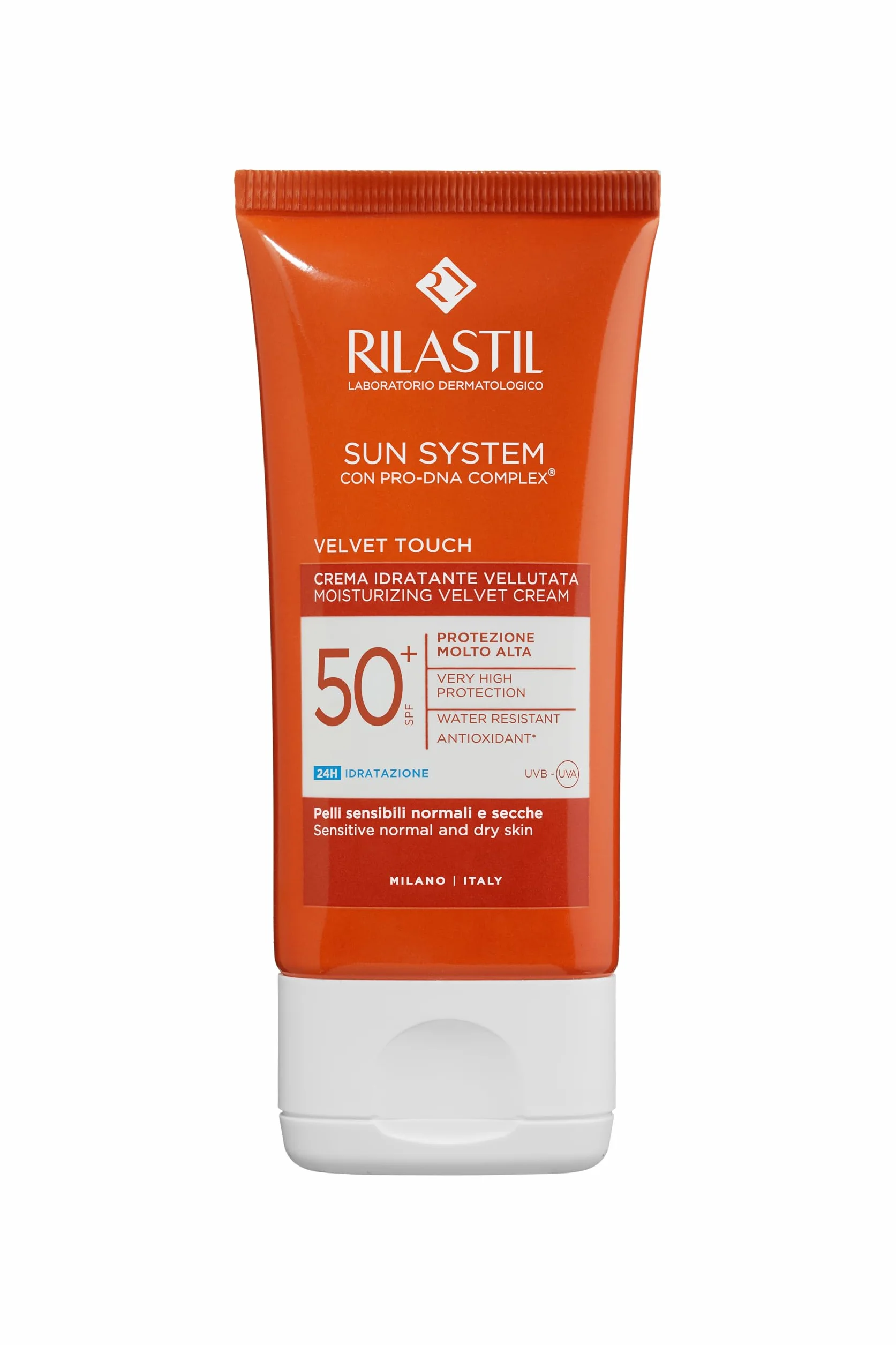 Rilastil Sun System Crema Velluta Idratante Viso, Texture Extra Soffice a Rapido Assorbimento, Pelli Sensibili, Resistente all'Acqua SPF 50+, Confezione da 50ml