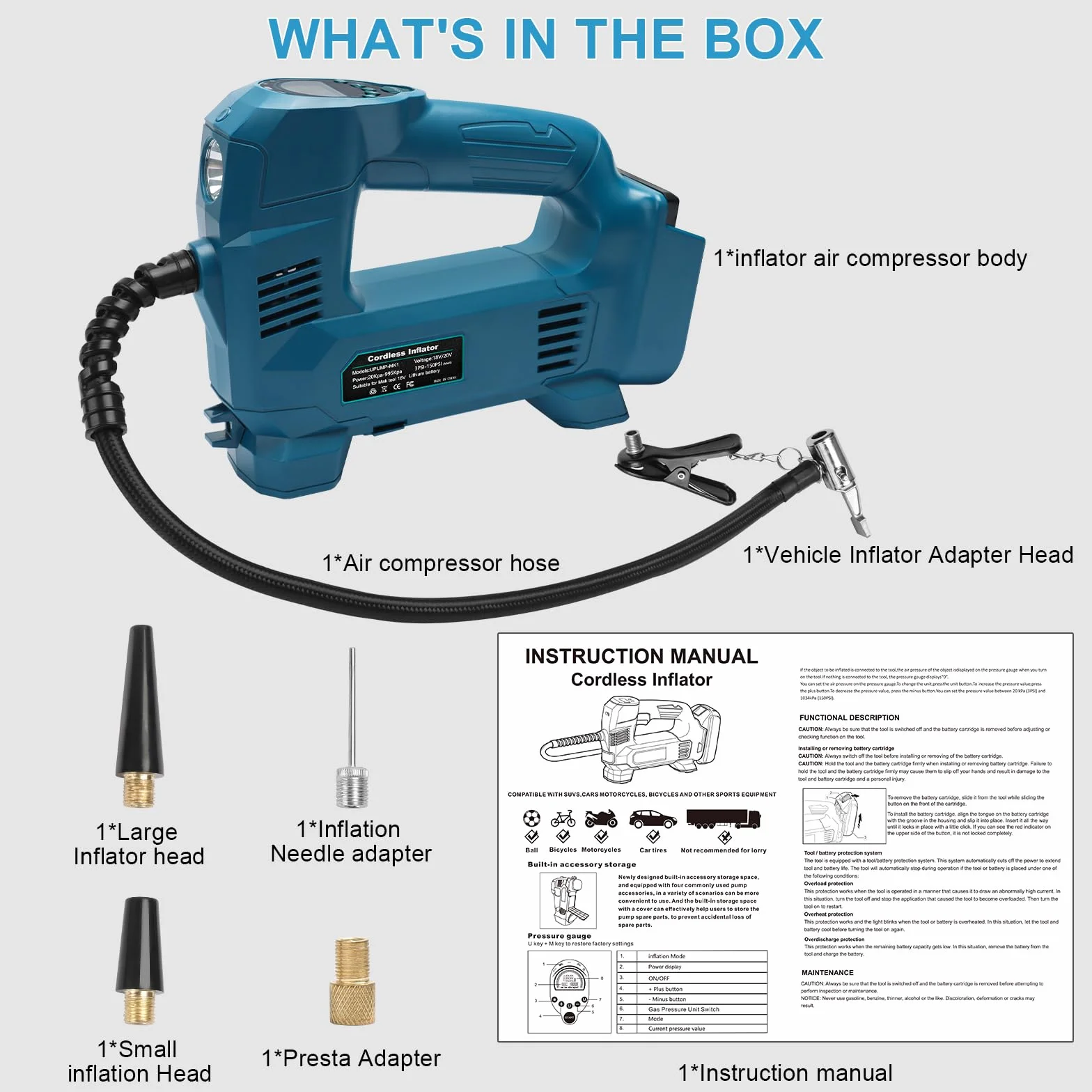 Powarobor Compressore portatile compatibile con batteria Makita 18V 150 PSI 10,34 bar
