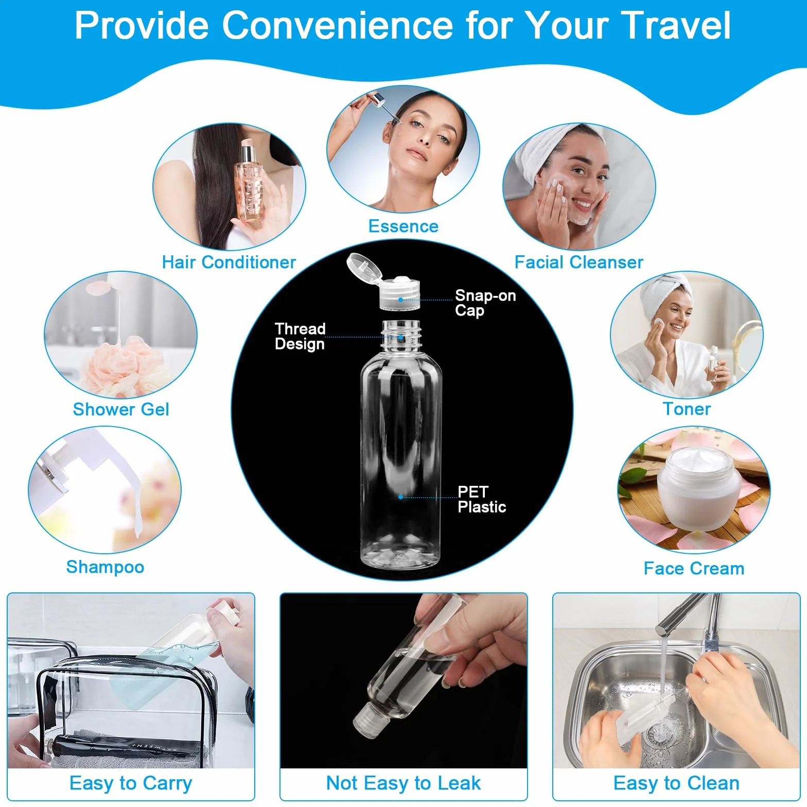 Coicok 11 Pezzi Flaconi da Viaggio 100 ml, Viaggio Accessori Utili con 3 Piccoli Imbuti, Trasparente Bottiglie da Viaggio con Etichette e Spazzola Pulita, Contenitori da Viaggioper per Liquide Shampoo