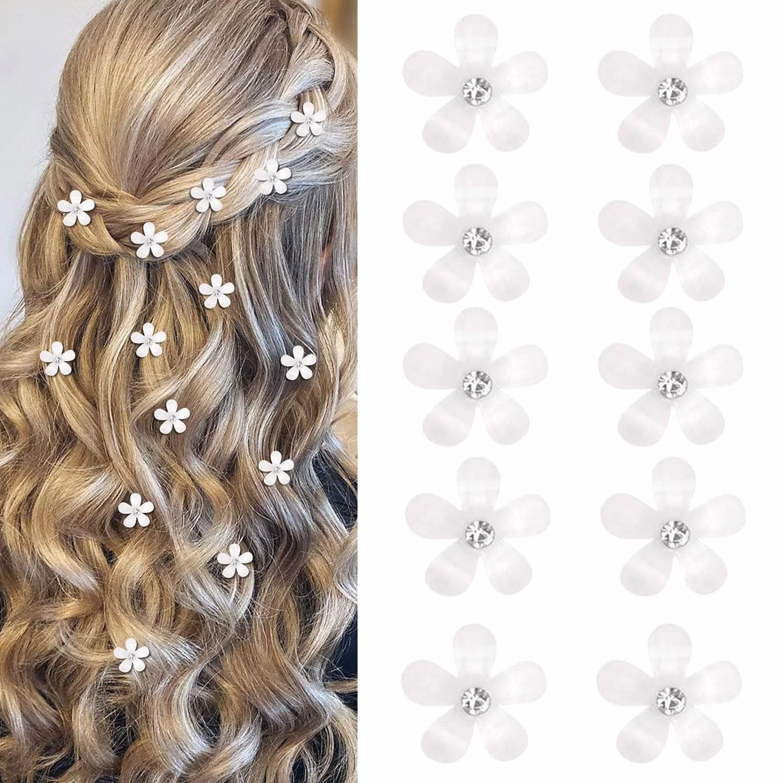 Mezrkuwr 10 Mini Fermagli per Capelli Bianchi con Strass - Graziosi Accessori Decorativi per Acconciature da Sposa - Forcine Floreali
