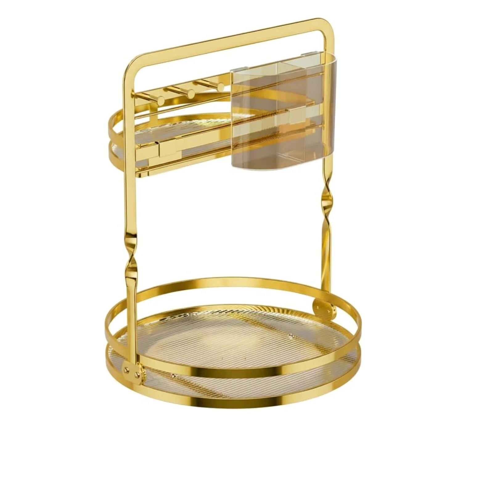 harayaa Vanity Organizer Porta Cosmetici Portatrucchi Portaprofumi Portapennelli Rotazione a 360 Gradi Doppio Livello Telaio in Metallo con Bicchiere Pennelli, Oro, Modello Base