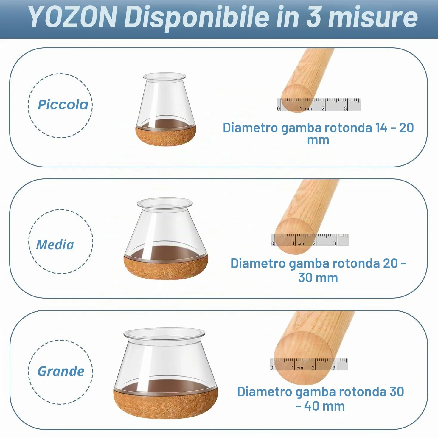 Gommini per Sedie Rotondi Con Feltrini, Coprigambe Protezioni per Gambe Mobili Pavimenti Legno, Trasparente Diametro 14-20 mm, 20 Pezzi